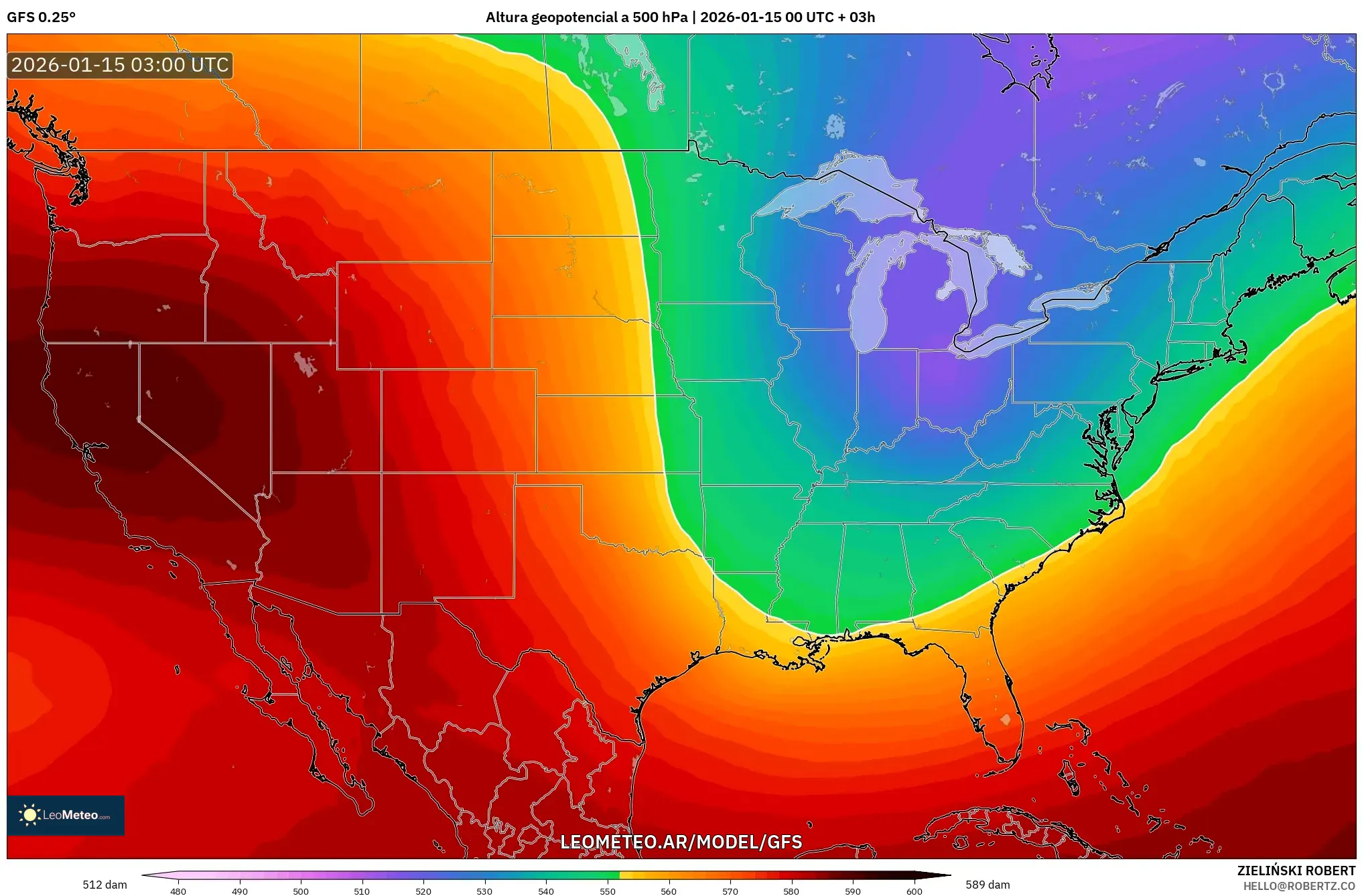 GFS model - Estados Unidos, Altura geopotencial a 500 hPa