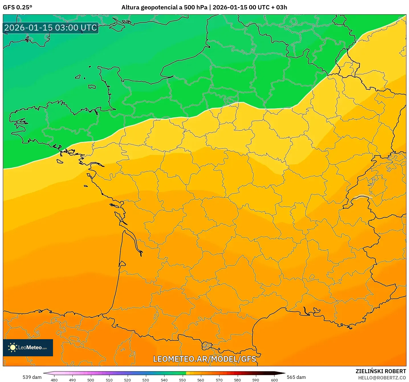 GFS model - Francia, Altura geopotencial a 500 hPa