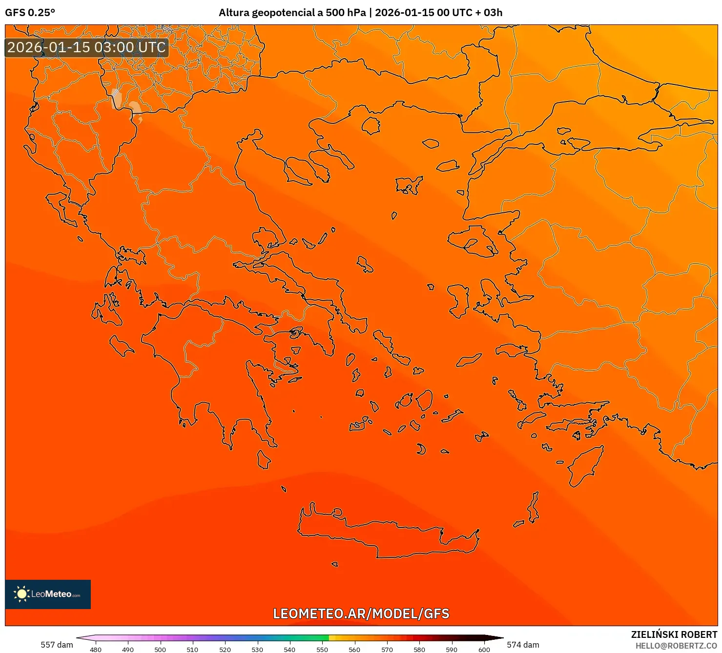 GFS model - Grecia, Altura geopotencial a 500 hPa