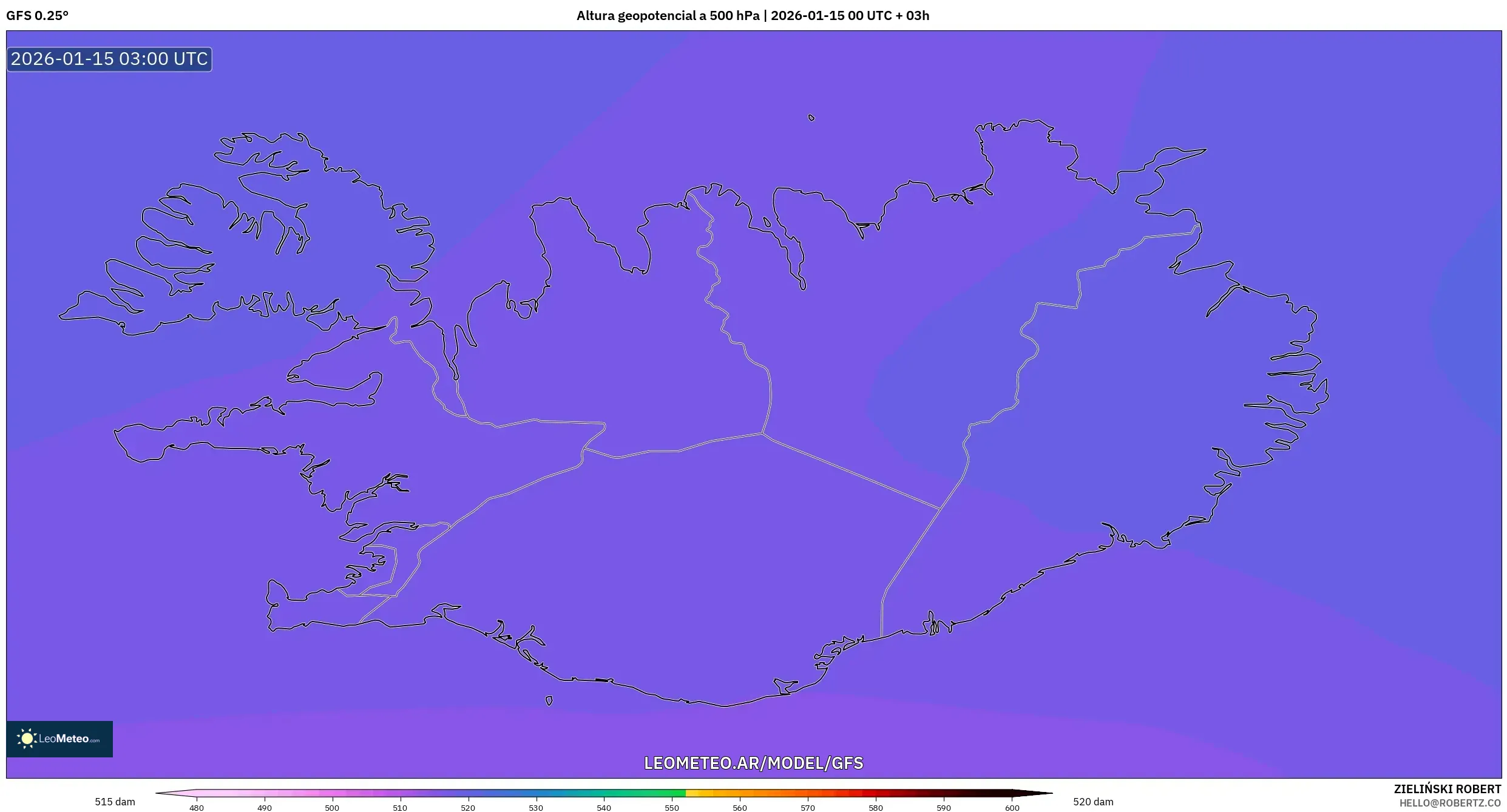 GFS model - Islandia, Altura geopotencial a 500 hPa