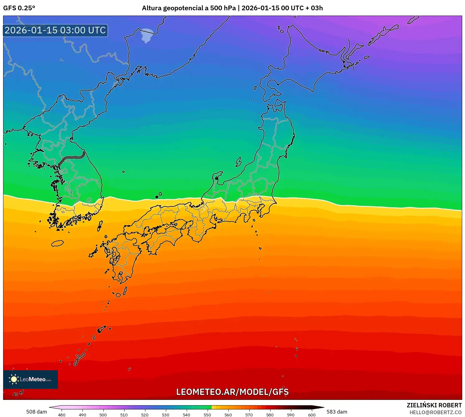 GFS model - Japón, Altura geopotencial a 500 hPa