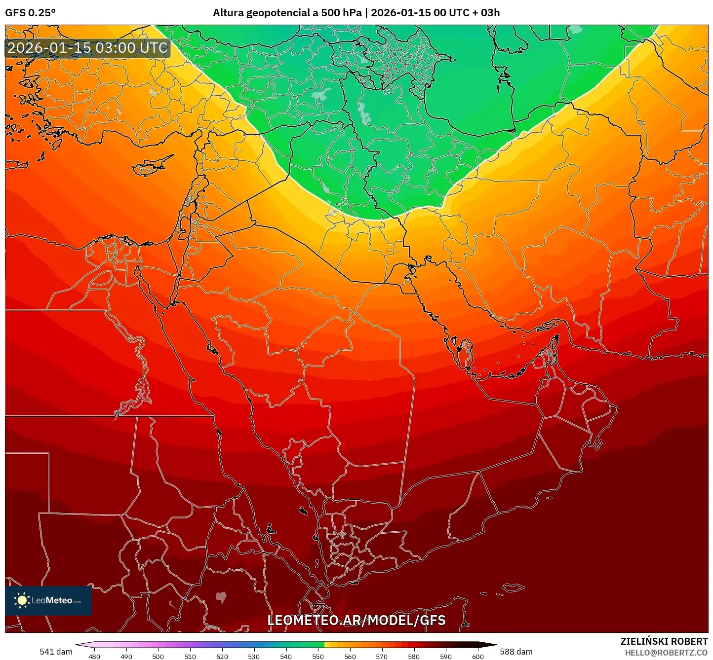 GFS model - Oriente Medio, Altura geopotencial a 500 hPa