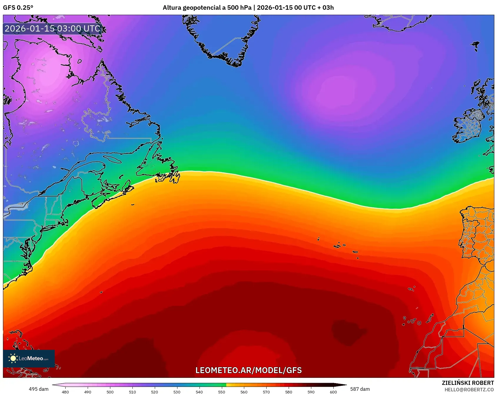 GFS model - Norte Atlántico, Altura geopotencial a 500 hPa
