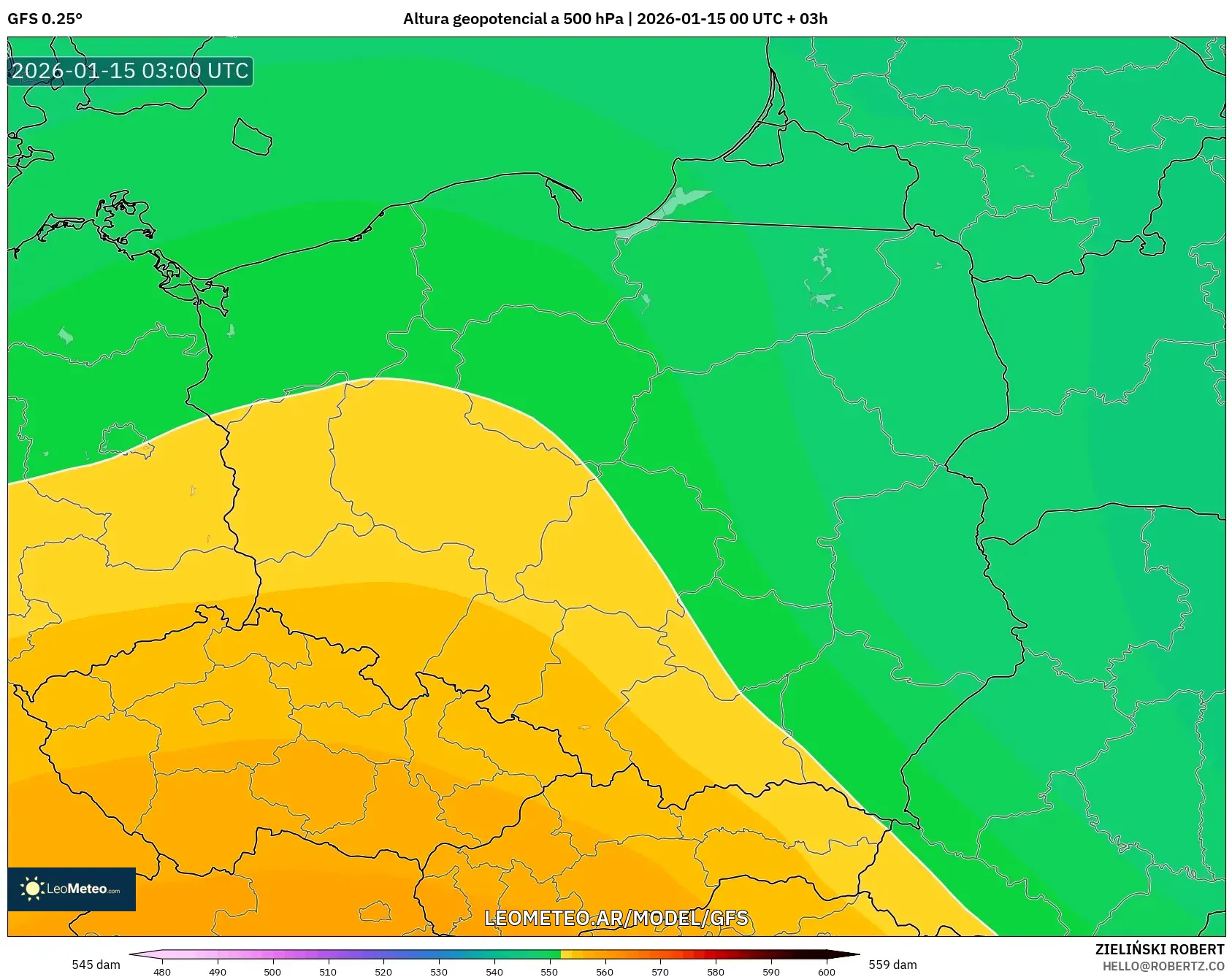 GFS model - Polonia, Altura geopotencial a 500 hPa
