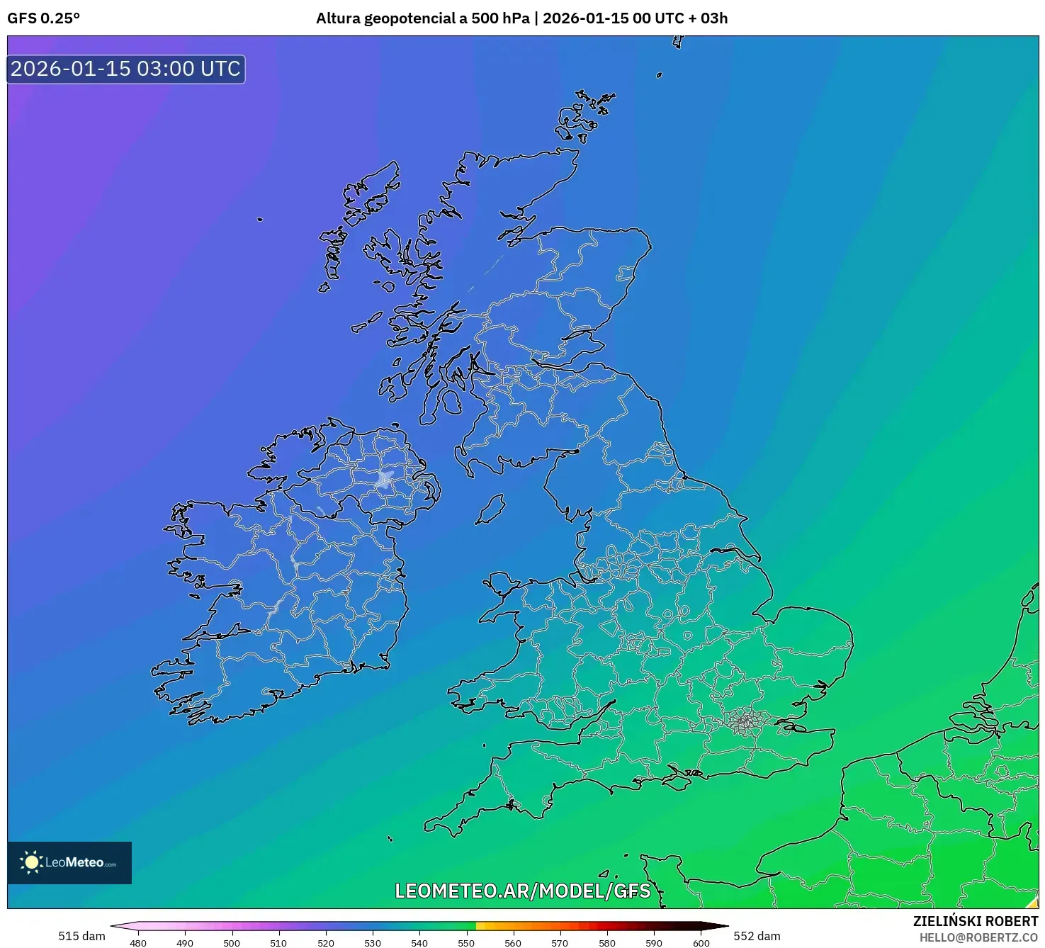 GFS model - Reino Unido, Altura geopotencial a 500 hPa