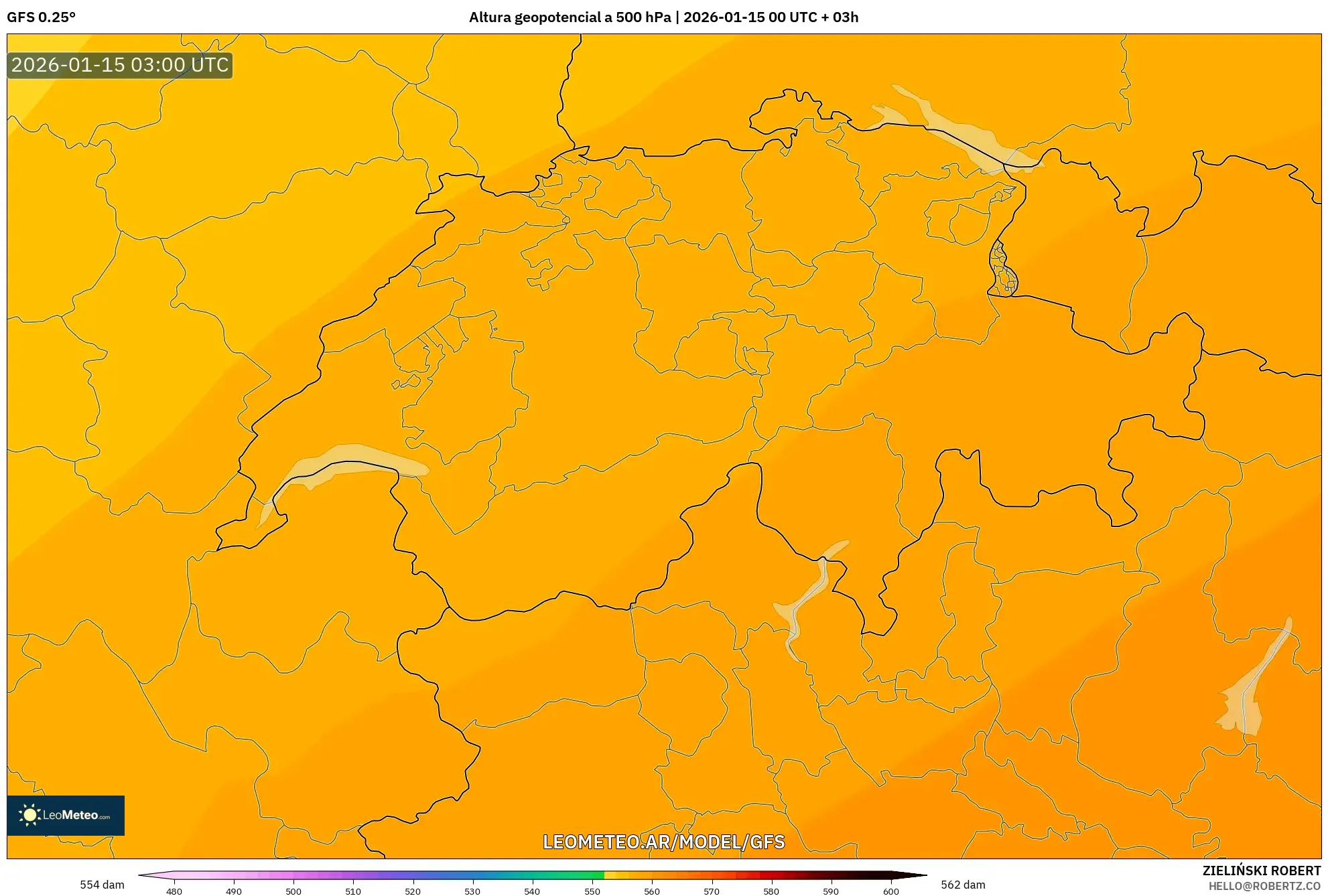 GFS model - Suiza, Altura geopotencial a 500 hPa
