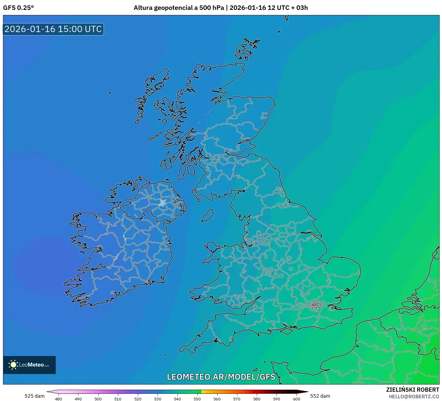 GFS model - Reino Unido, Altura geopotencial a 500 hPa