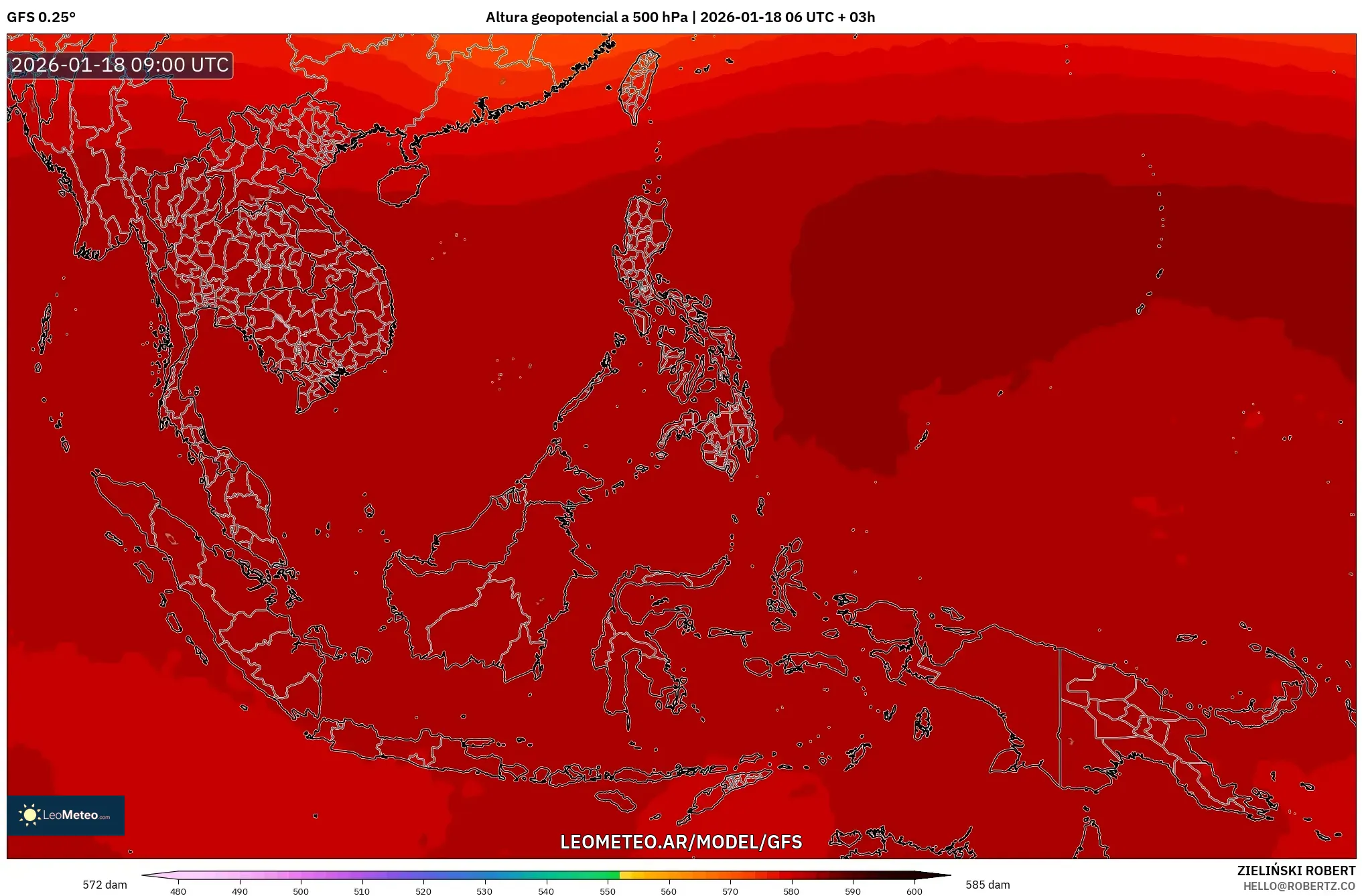 GFS model - Sudeste Asiático, Altura geopotencial a 500 hPa