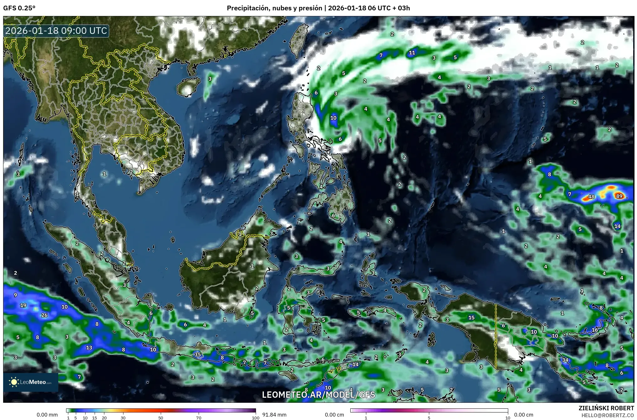 GFS model - Sudeste Asiático, Precipitación, nubes y presión