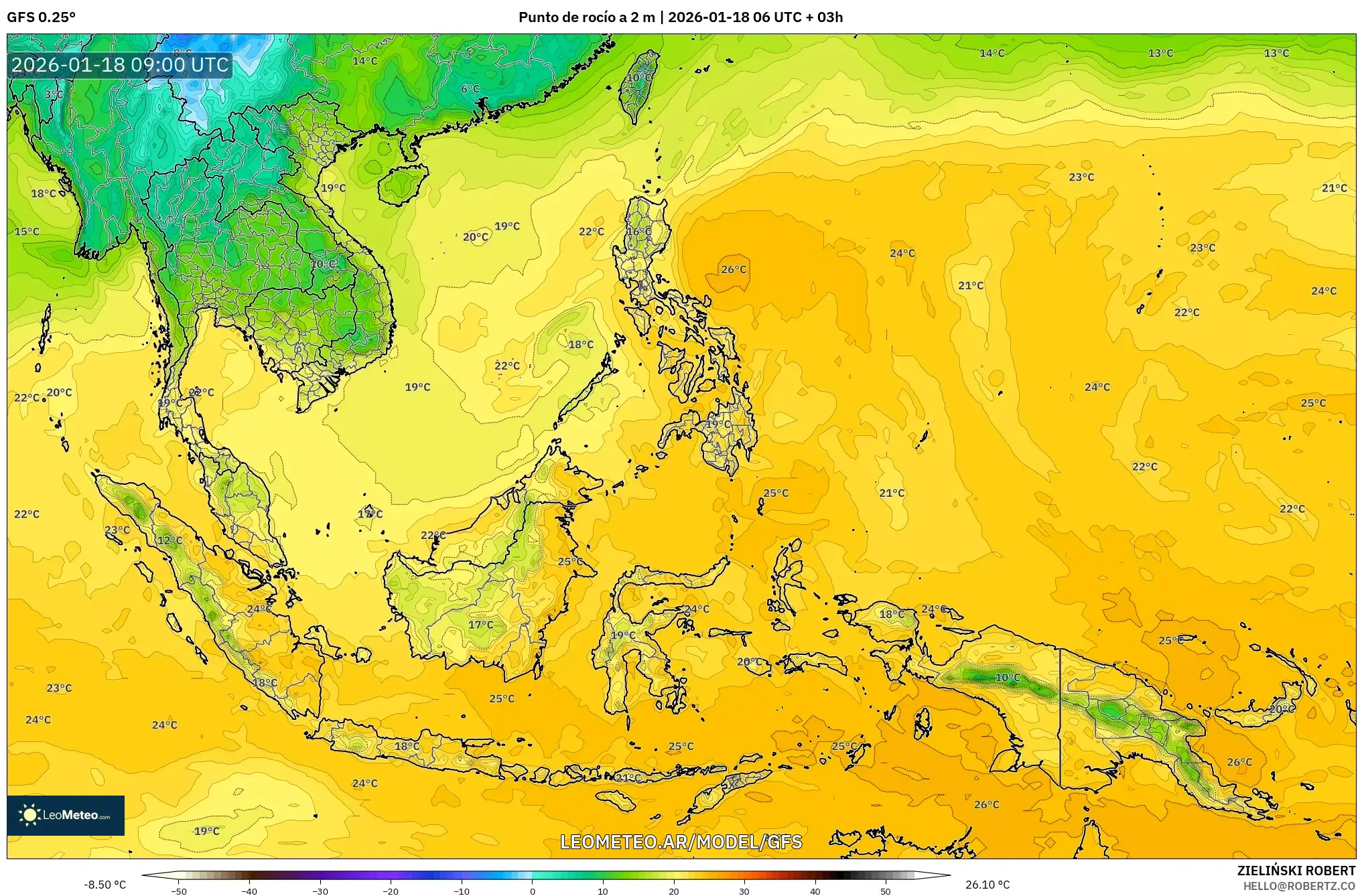 GFS model - Sudeste Asiático, Punto de rocío a 2 m