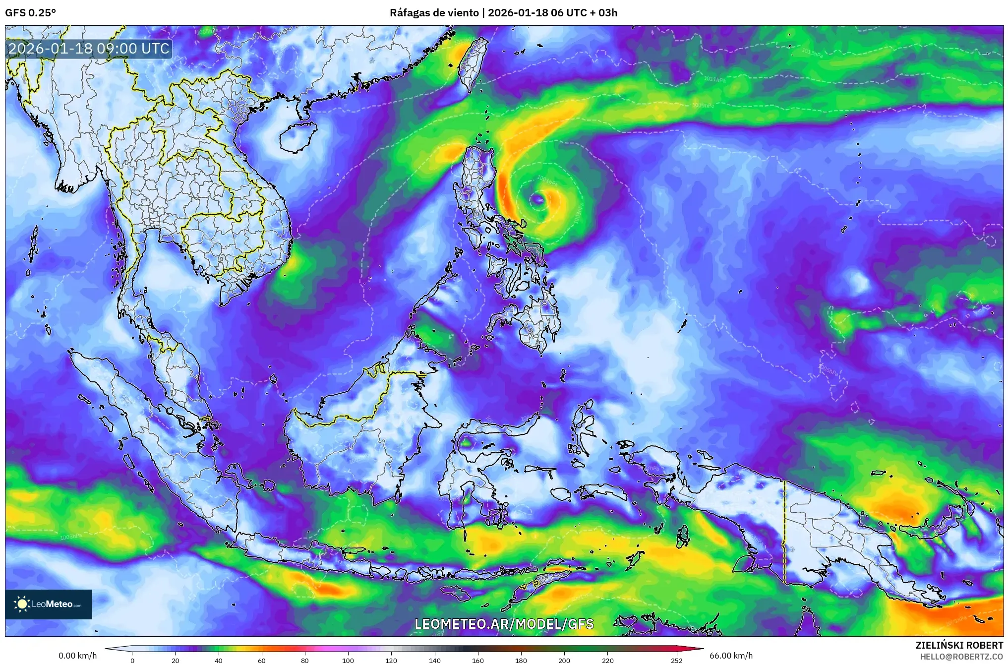 GFS model - Sudeste Asiático, Ráfagas de viento