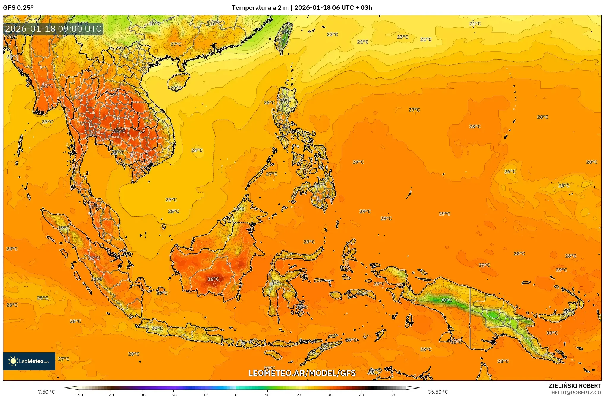 GFS model - Sudeste Asiático, Temperatura a 2 m
