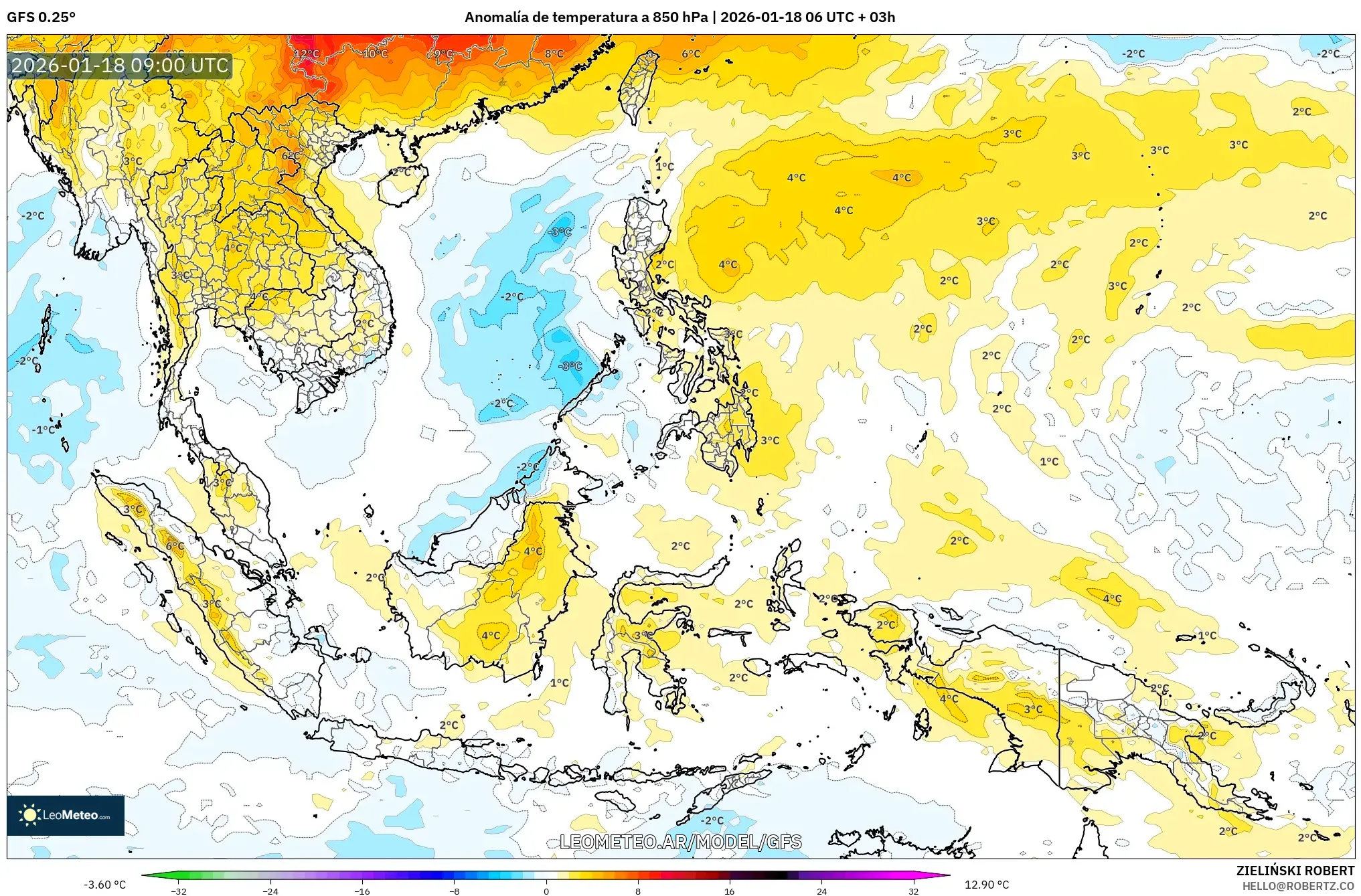 GFS model - Sudeste Asiático, Anomalía de temperatura a 850 hPa