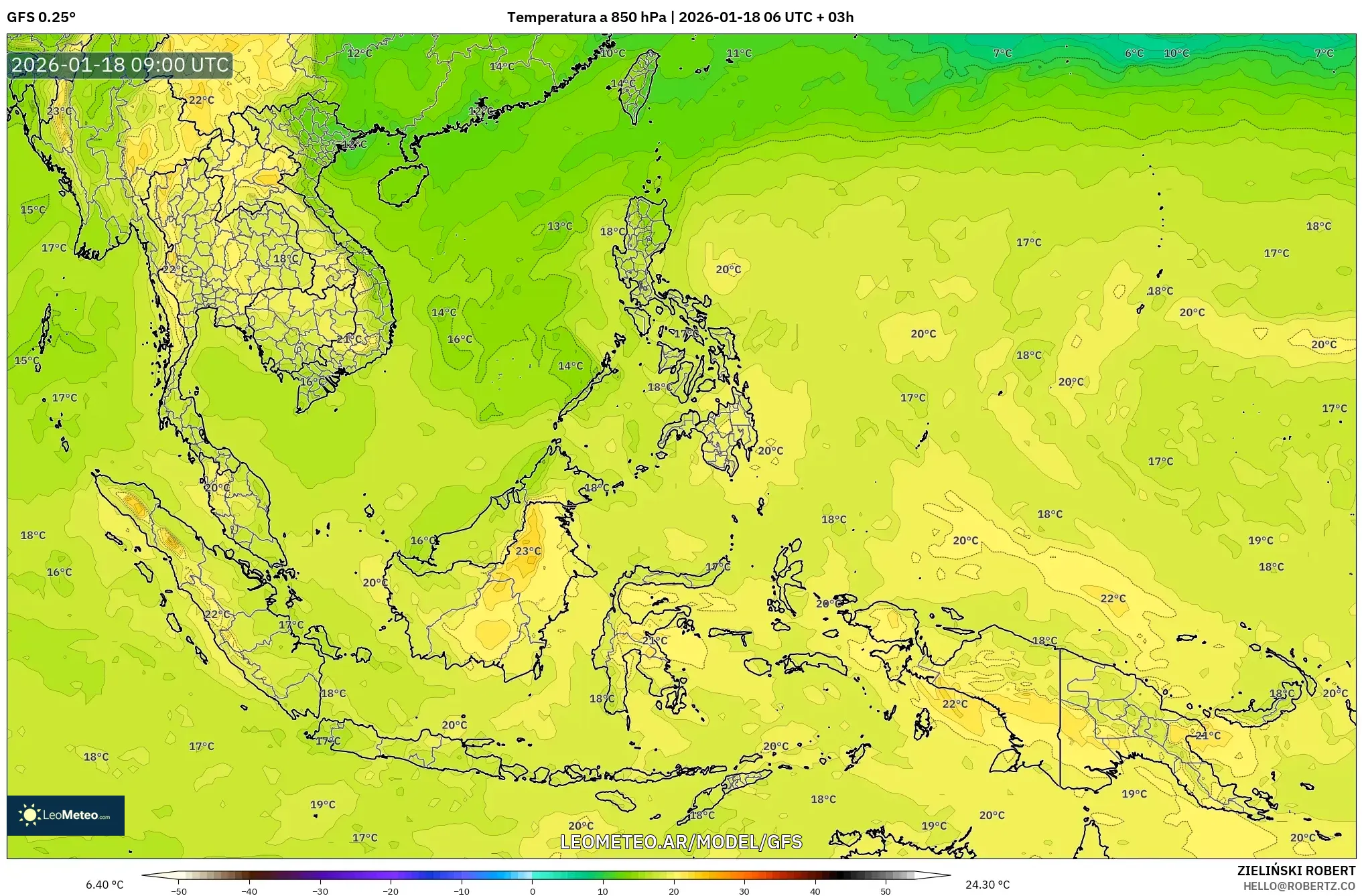 GFS model - Sudeste Asiático, Temperatura a 850 hPa