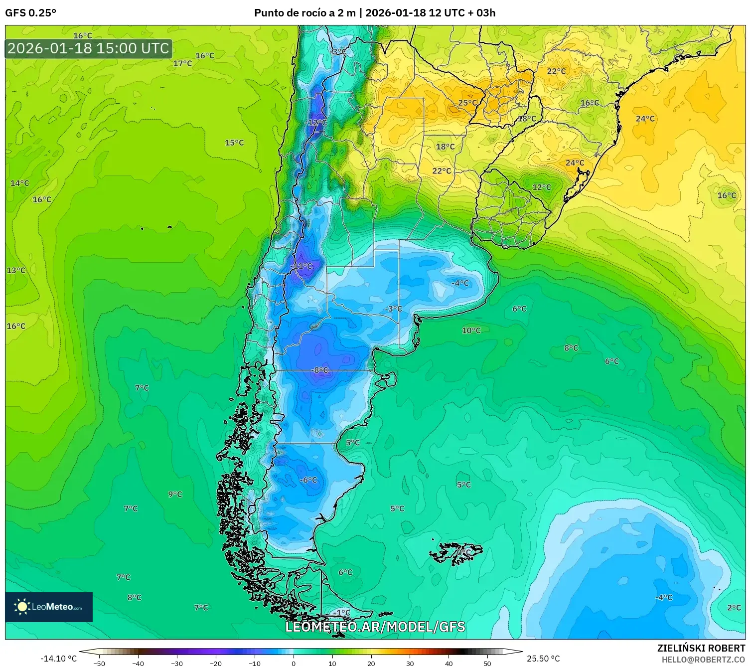 GFS model - Argentina, Punto de rocío a 2 m