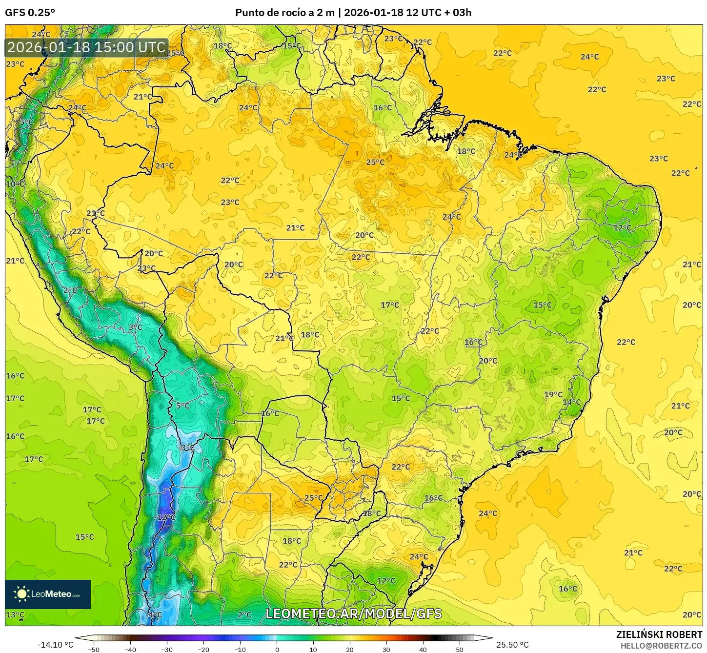 GFS model - Brasil, Punto de rocío a 2 m