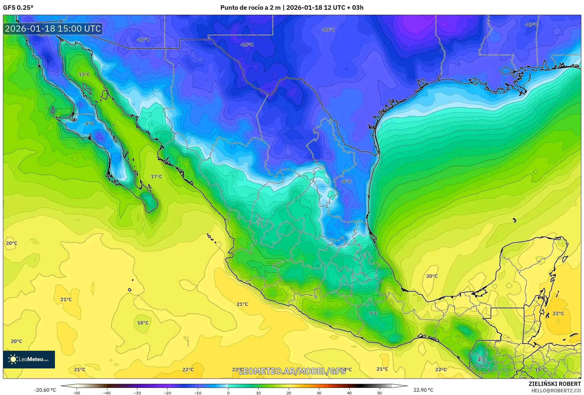 GFS model - México, Punto de rocío a 2 m