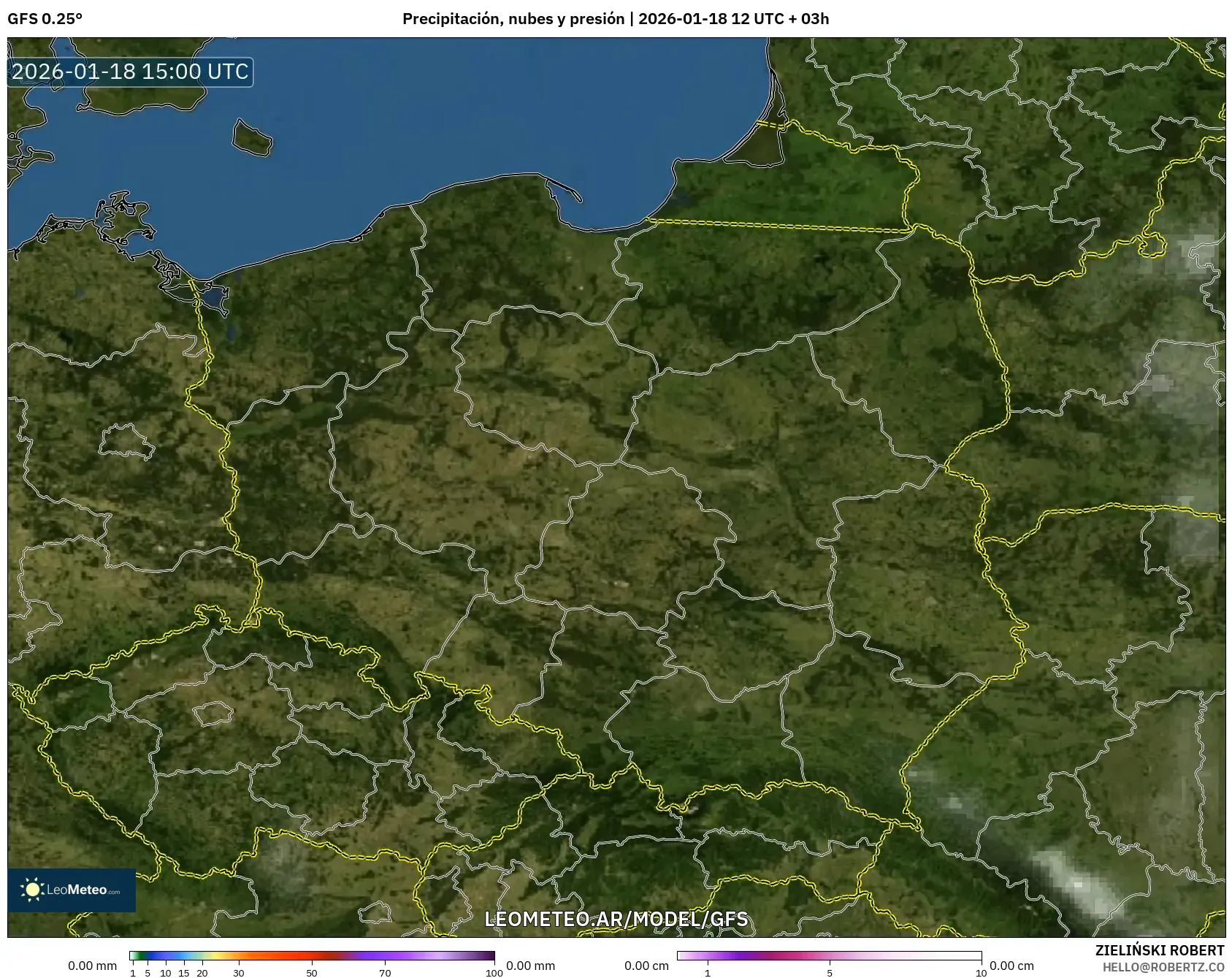 GFS model - Polonia, Precipitación, nubes y presión