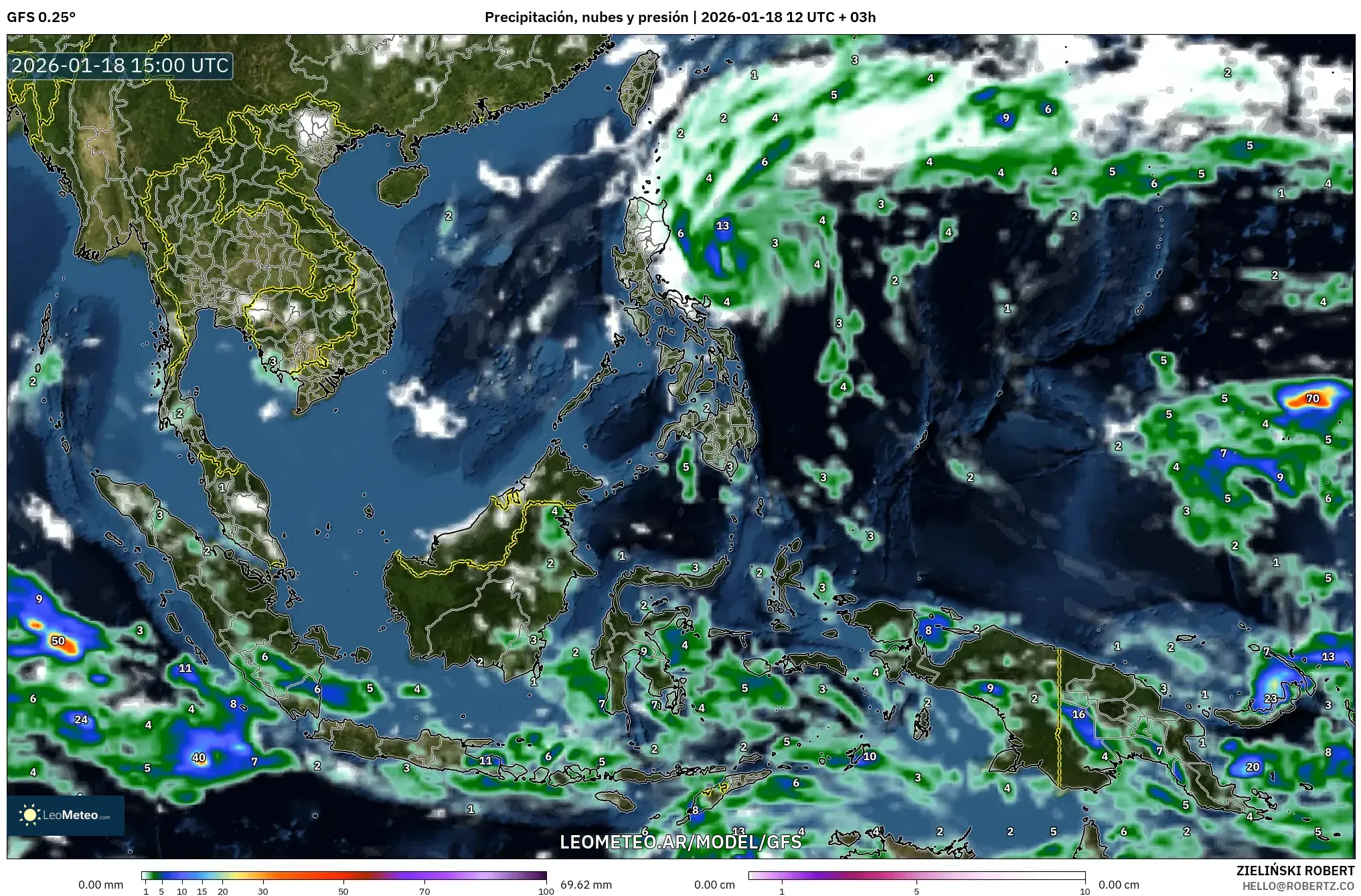 GFS model - Sudeste Asiático, Precipitación, nubes y presión