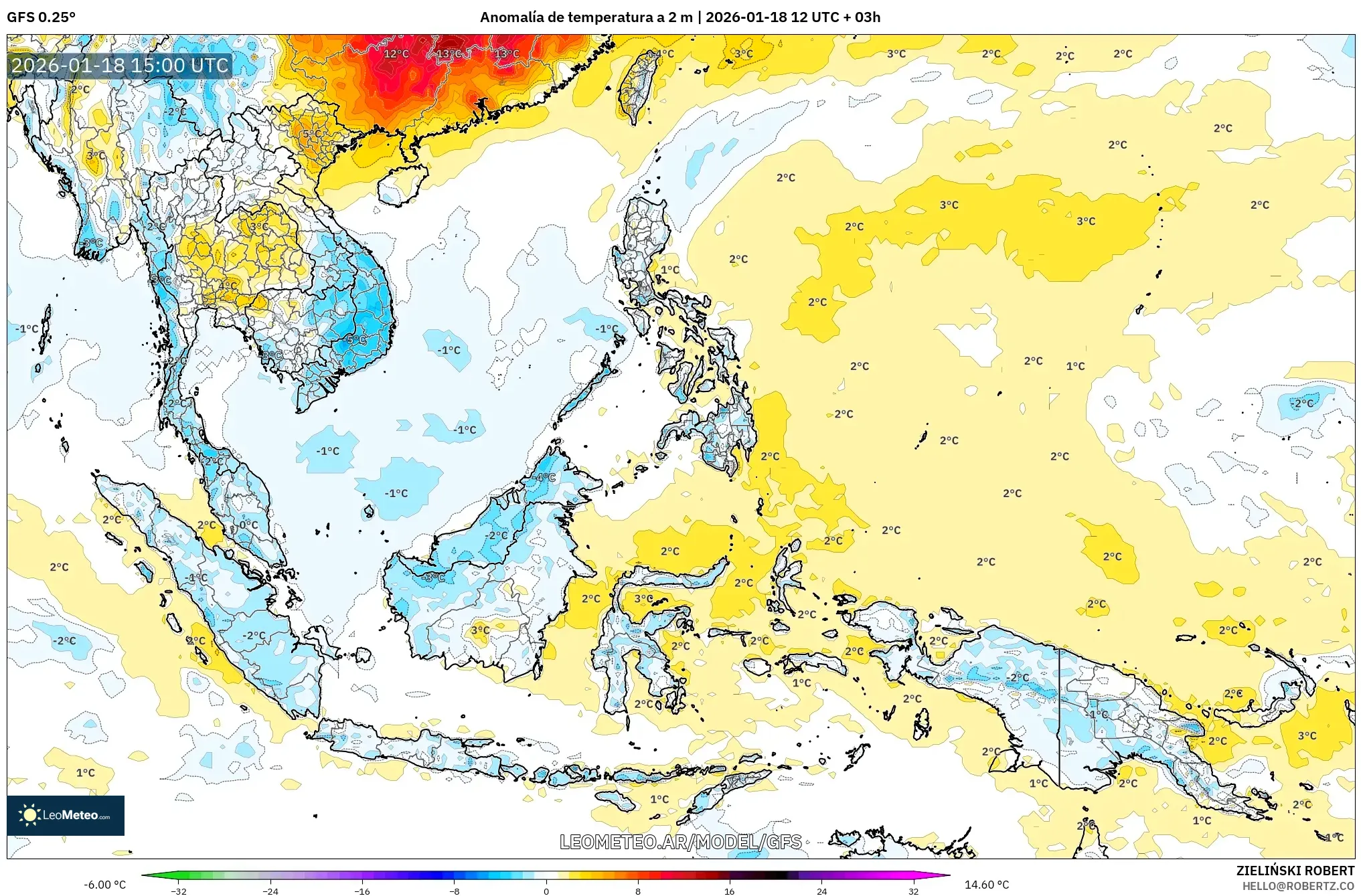 GFS model - Sudeste Asiático, Anomalía de temperatura a 2 m