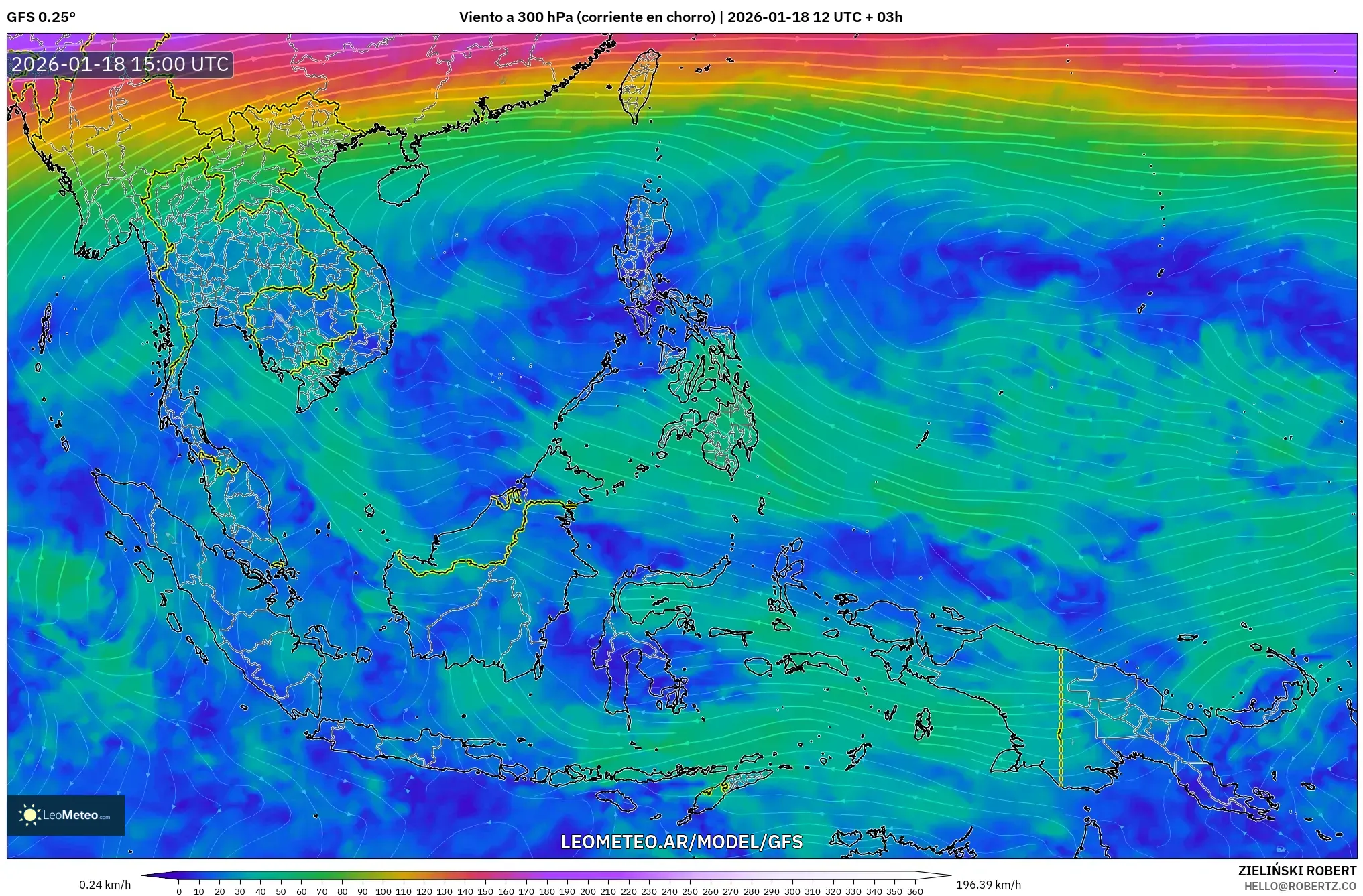 GFS model - Sudeste Asiático, Viento a 300 hPa (corriente en chorro)