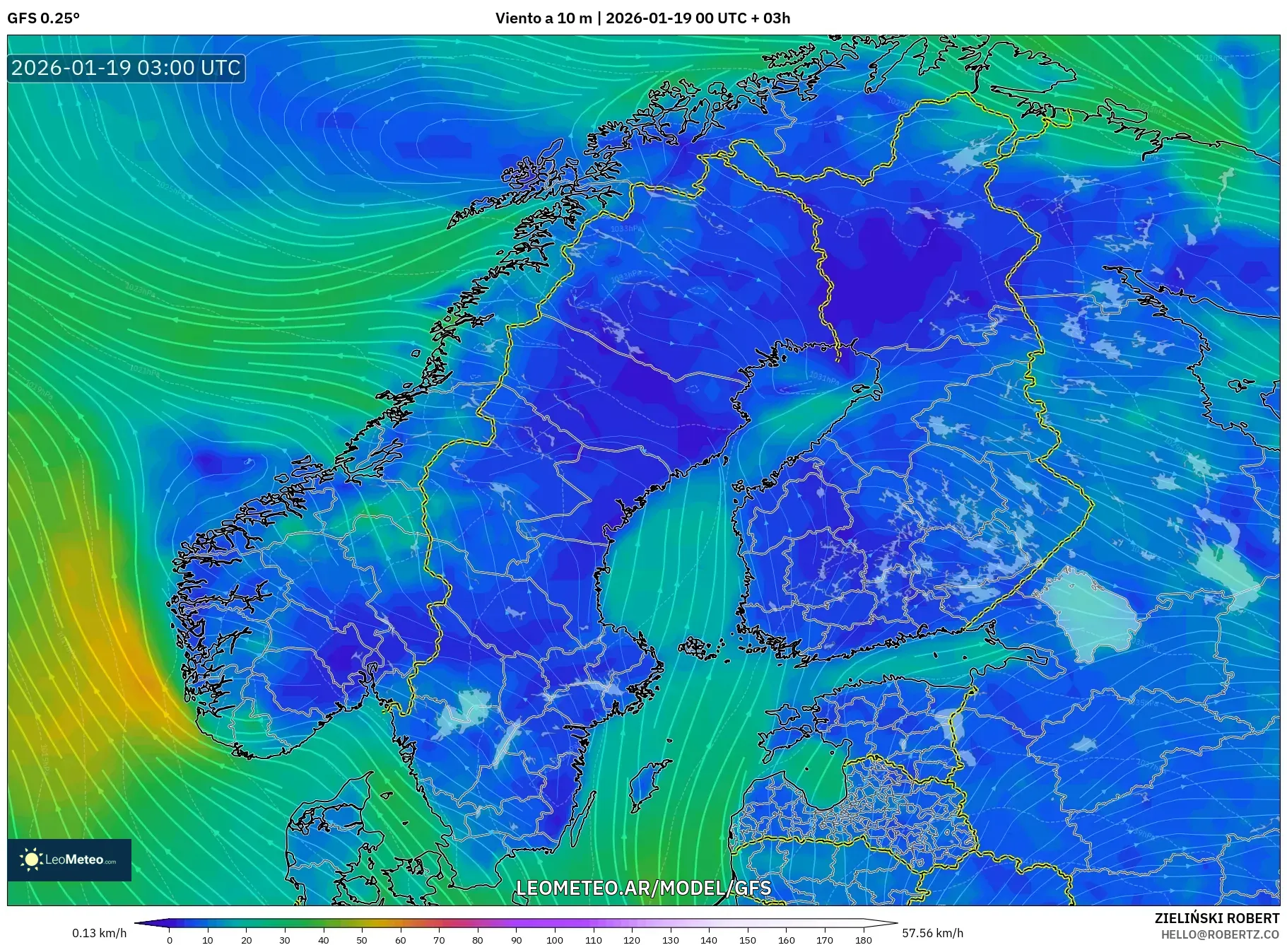 GFS model - Escandinavia, Viento a 10 m