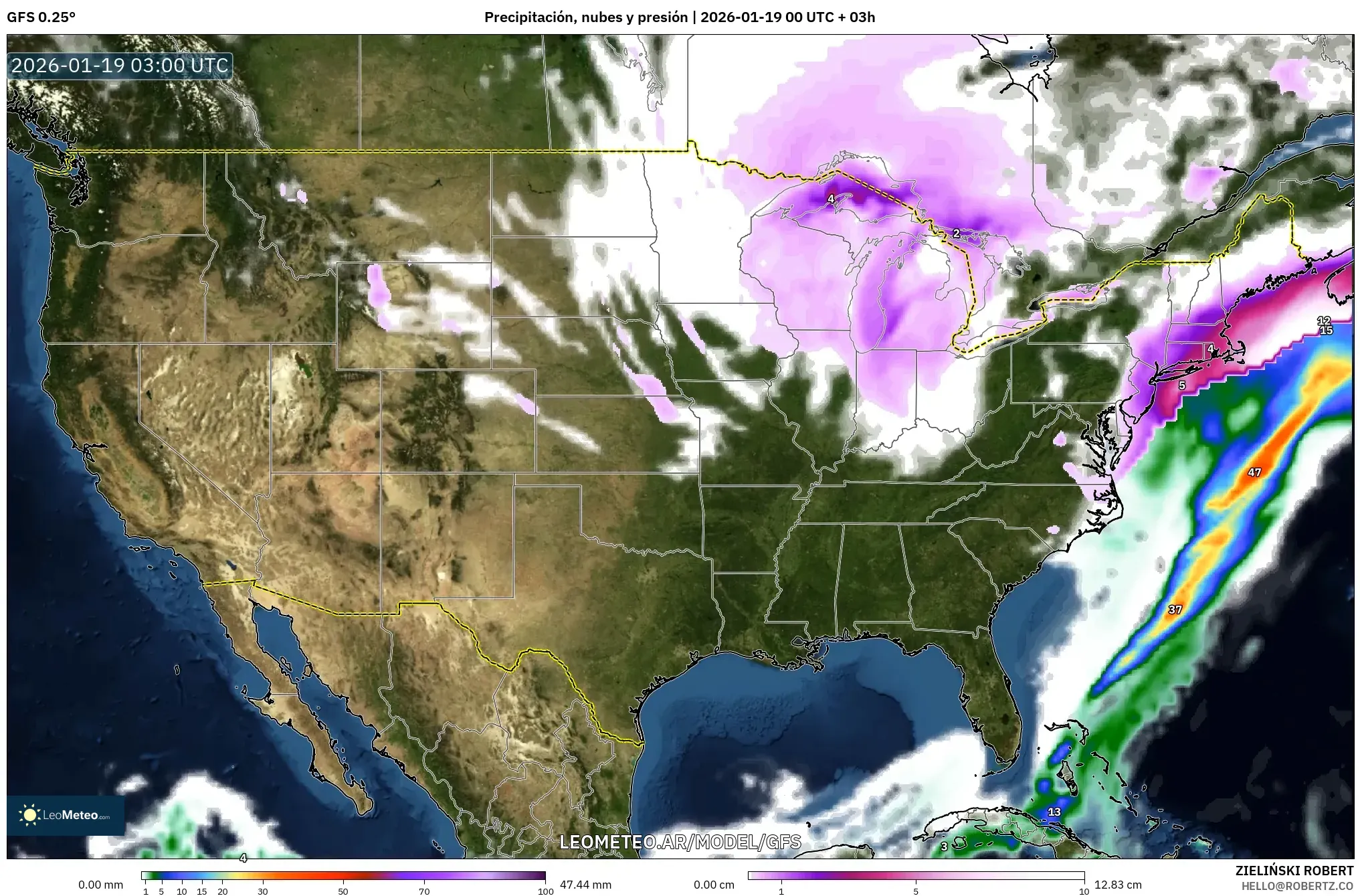 GFS model - Estados Unidos, Precipitación, nubes y presión