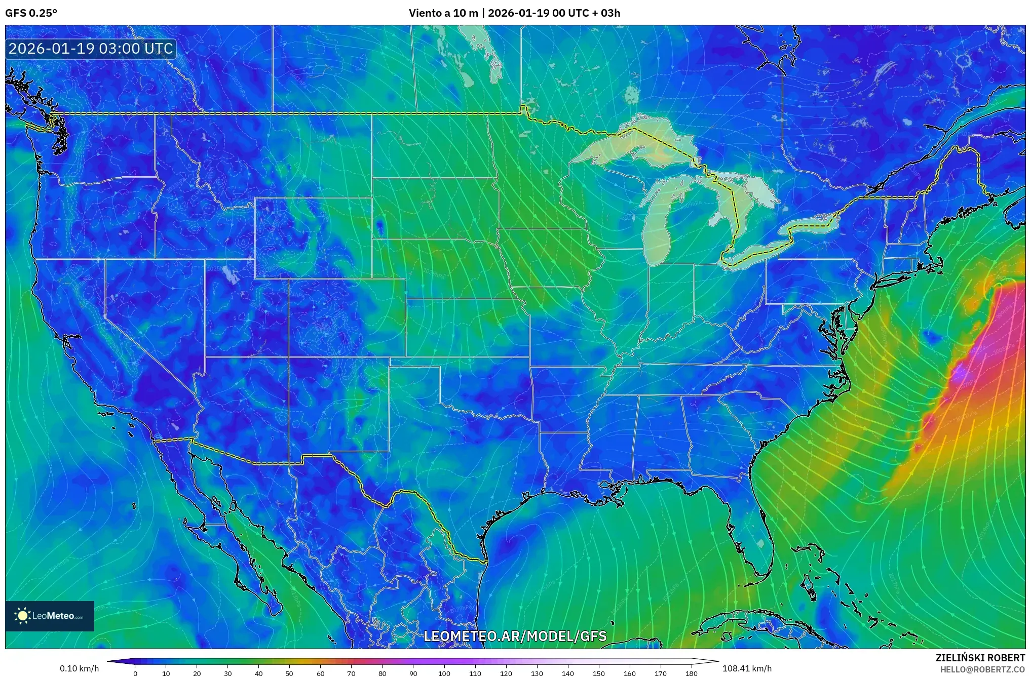 GFS model - Estados Unidos, Viento a 10 m