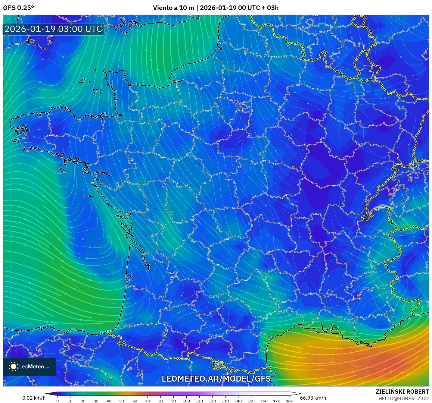 GFS model - Francia, Viento a 10 m