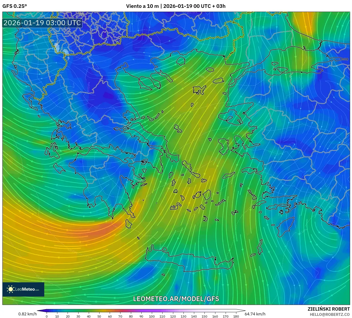 GFS model - Grecia, Viento a 10 m