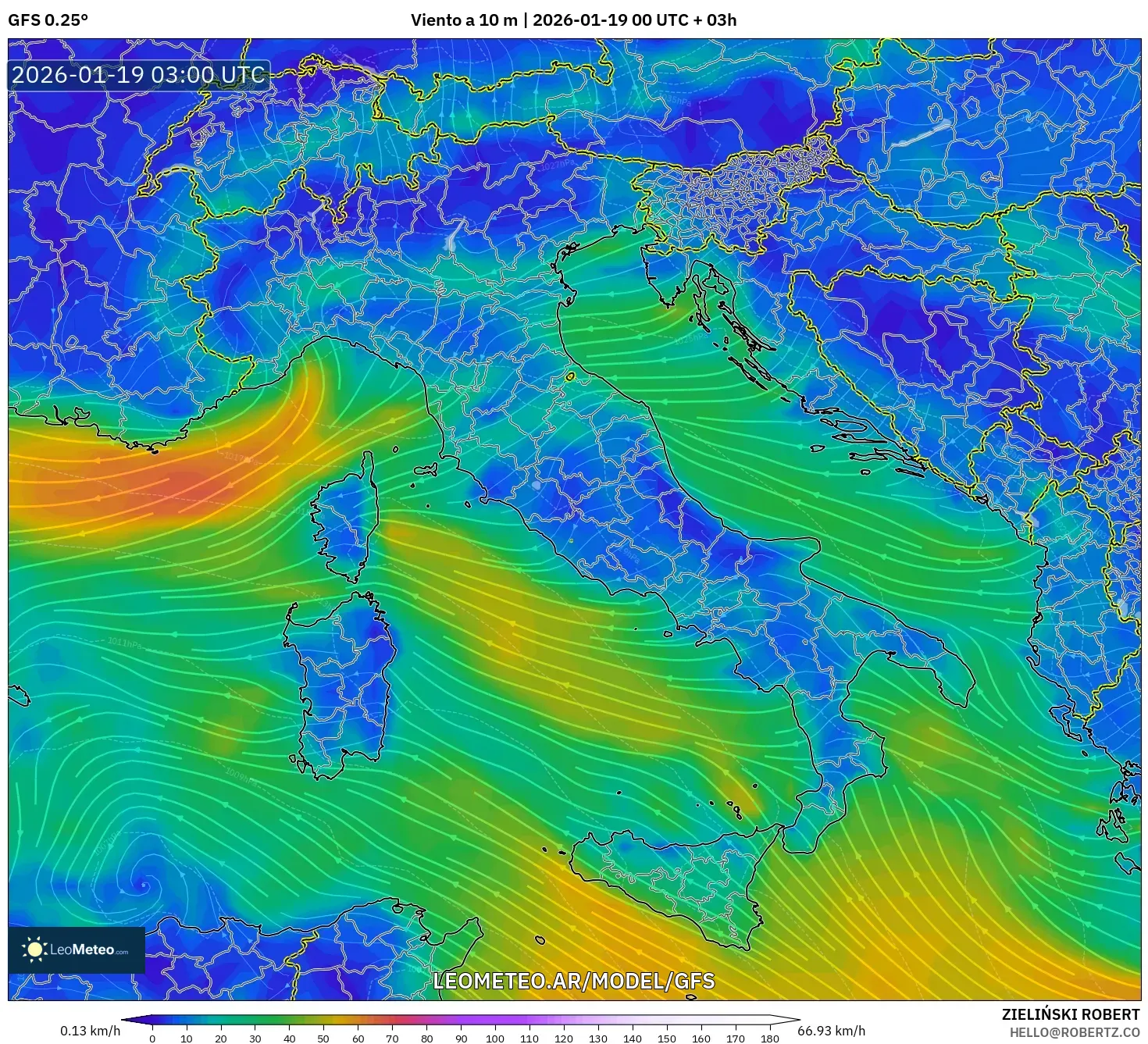 GFS model - Italia, Viento a 10 m