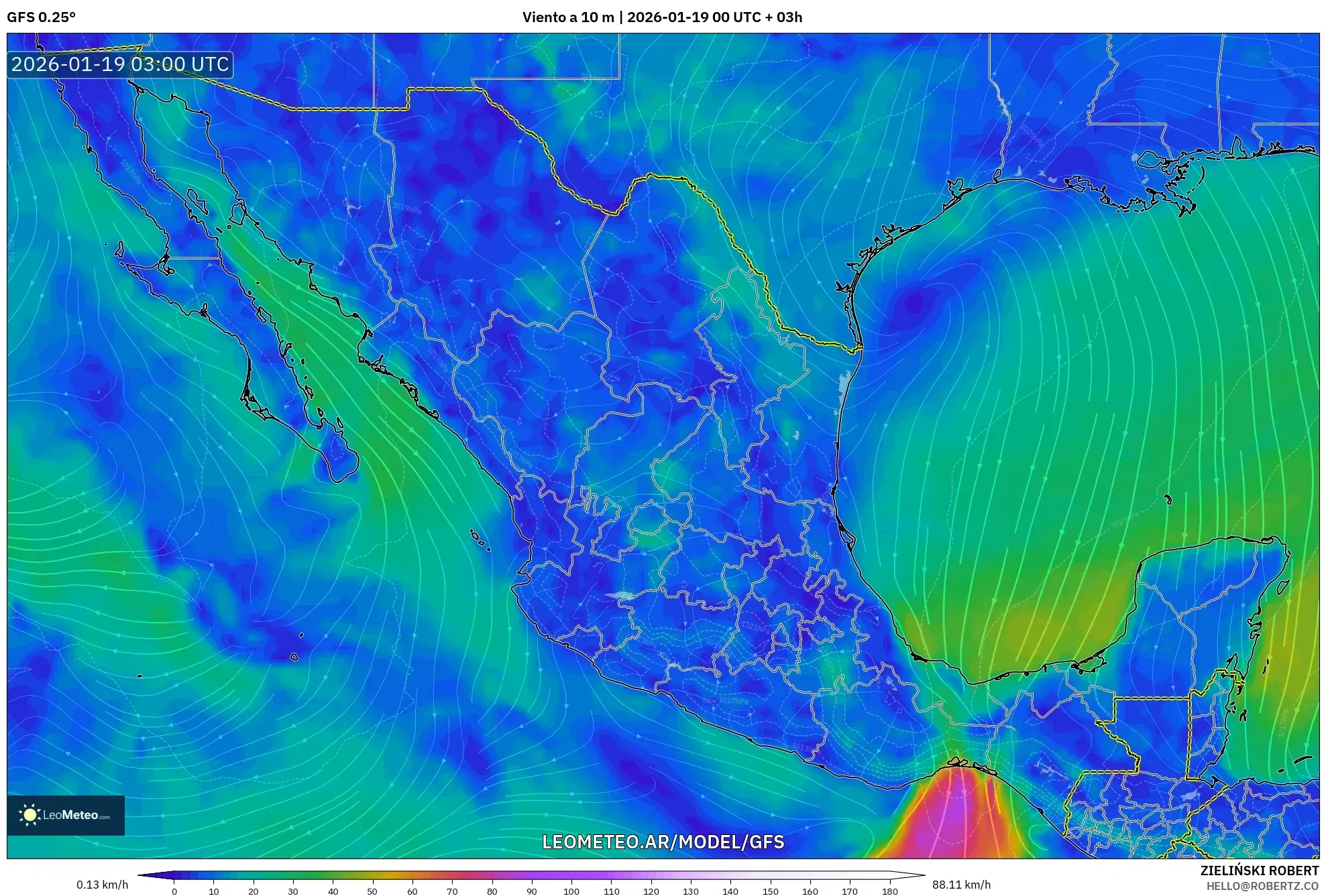 GFS model - México, Viento a 10 m