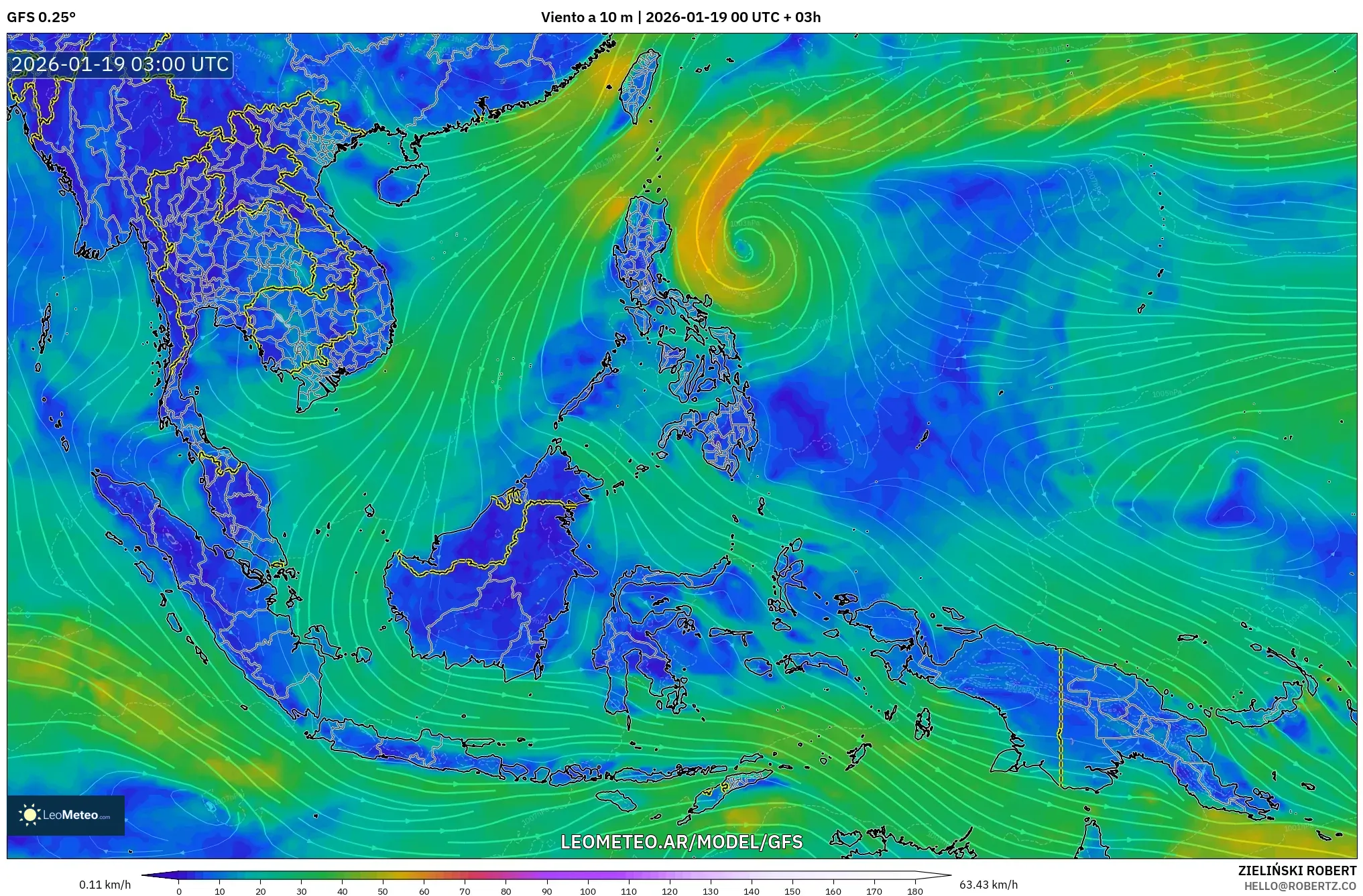 GFS model - Sudeste Asiático, Viento a 10 m