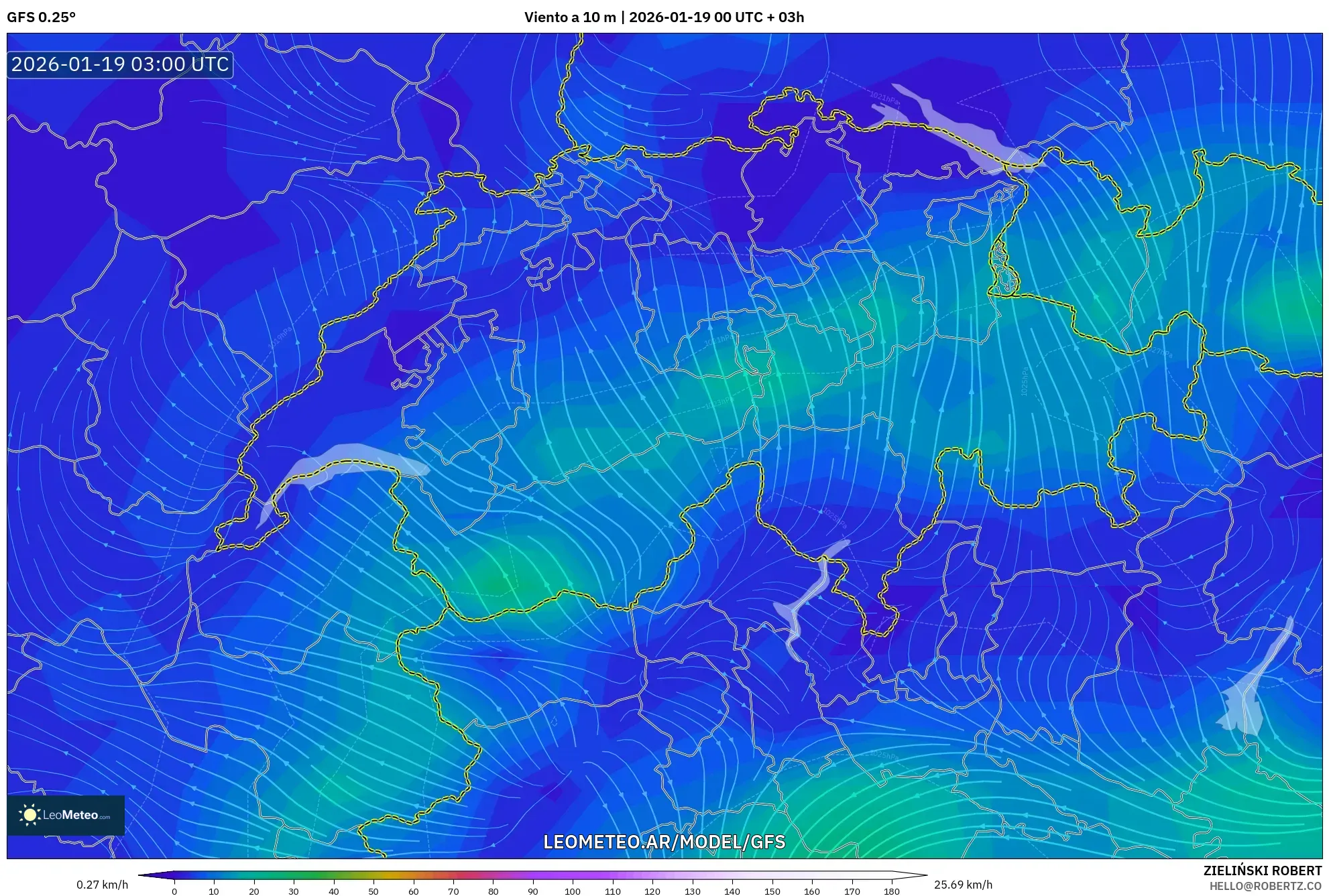 GFS model - Suiza, Viento a 10 m