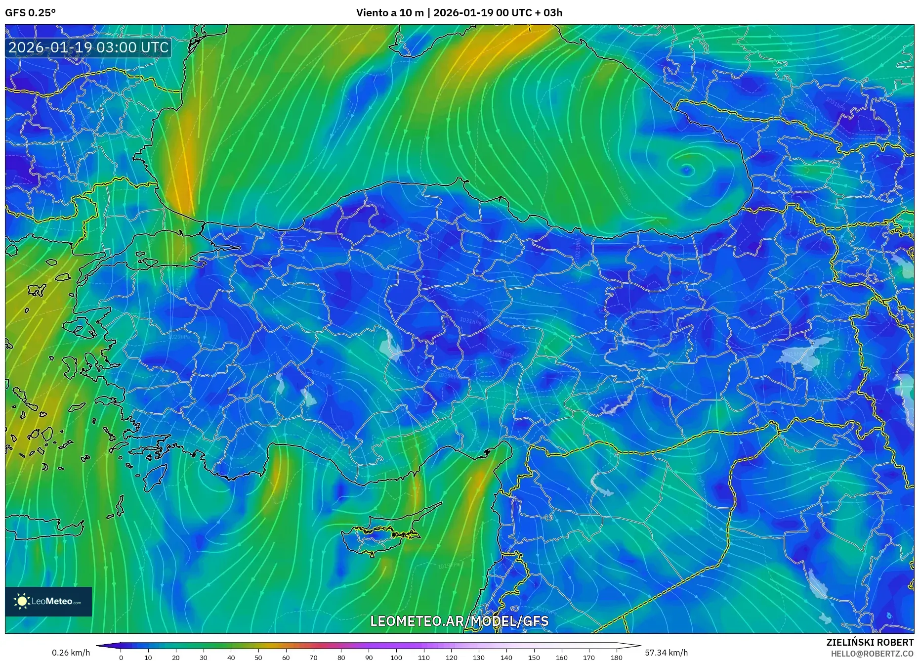 GFS model - Turquía, Viento a 10 m