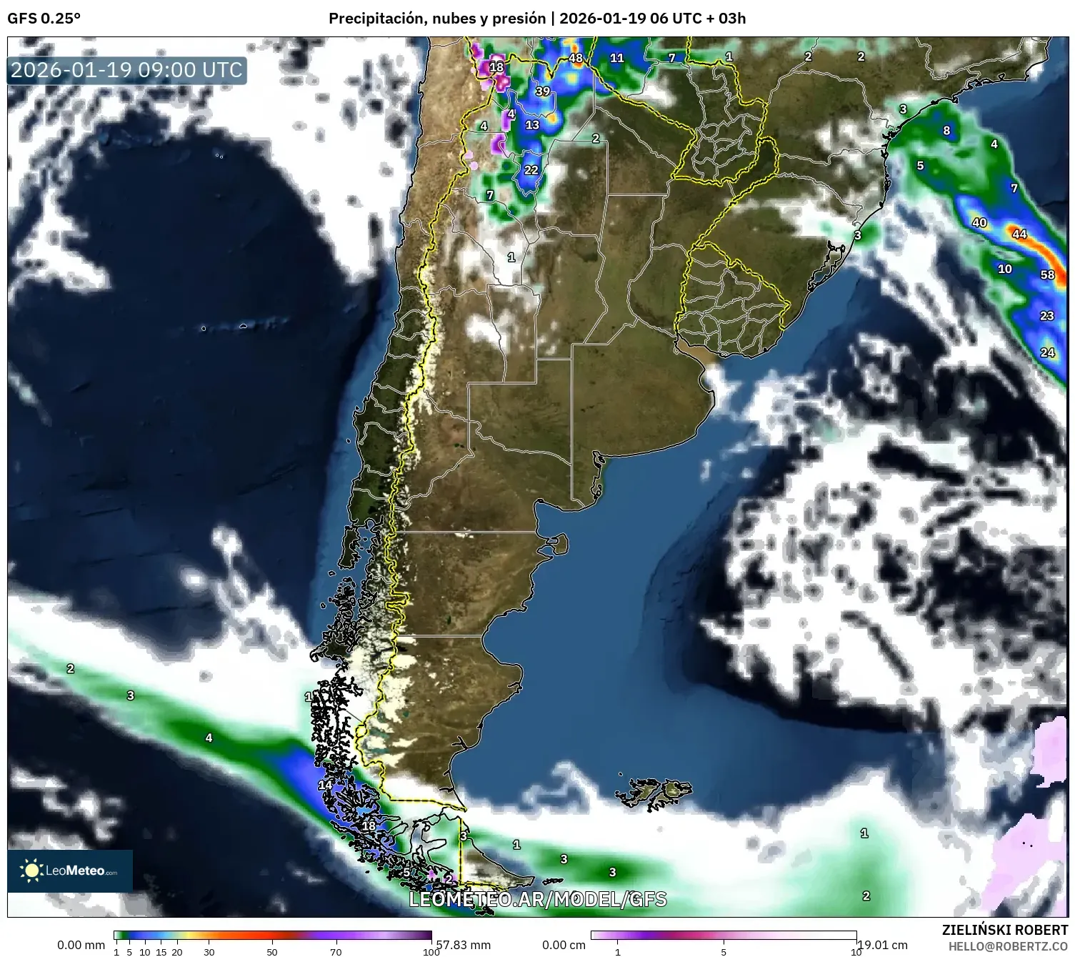GFS model - Argentina, Precipitación, nubes y presión