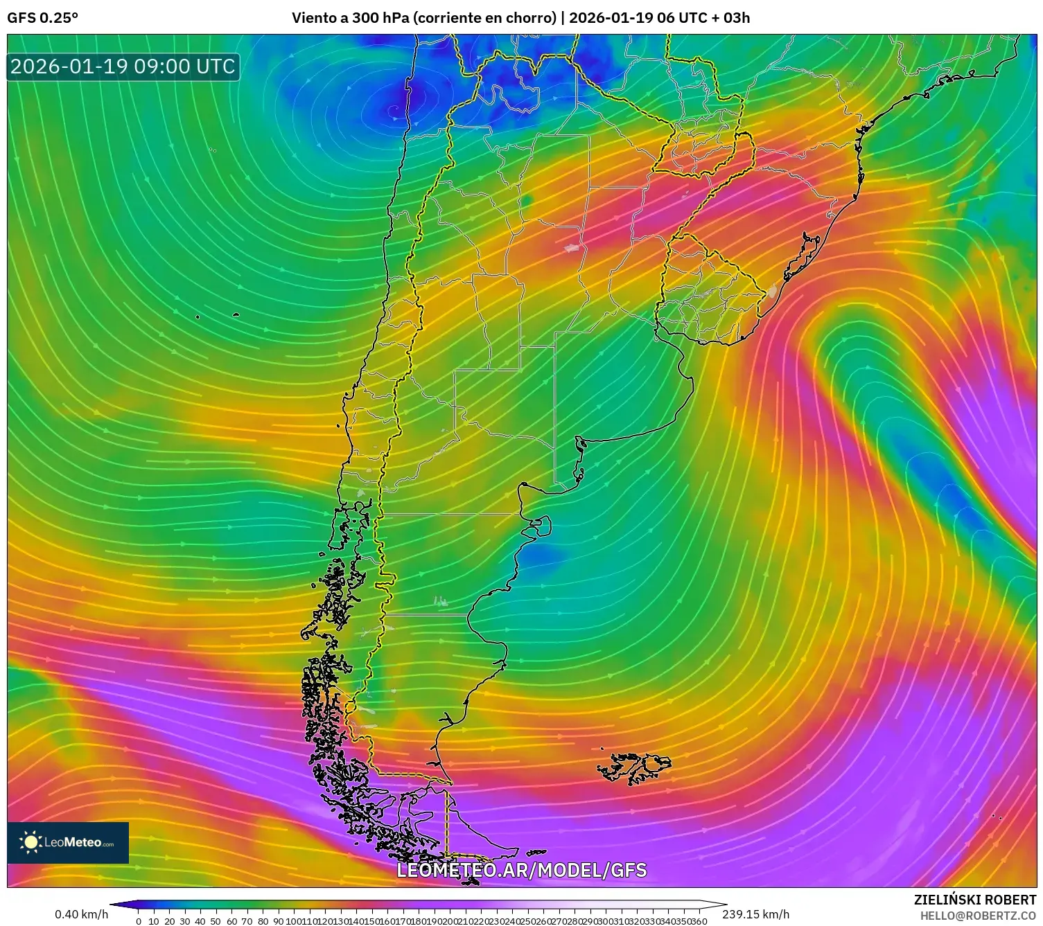 GFS model - Argentina, Viento a 300 hPa (corriente en chorro)