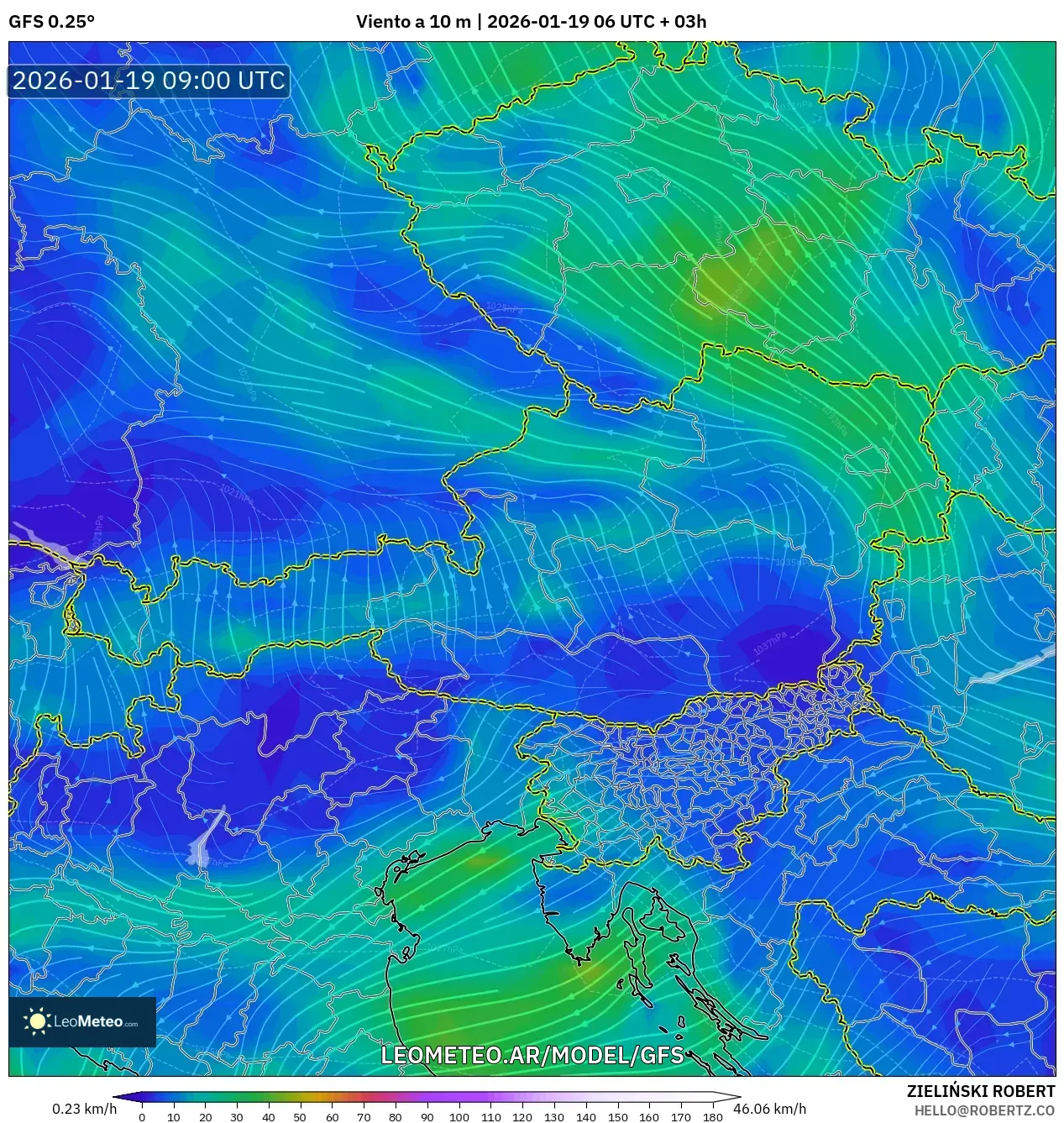 GFS model - Austria, Viento a 10 m