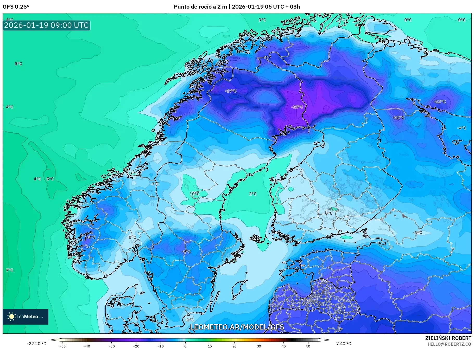 GFS model - Escandinavia, Punto de rocío a 2 m