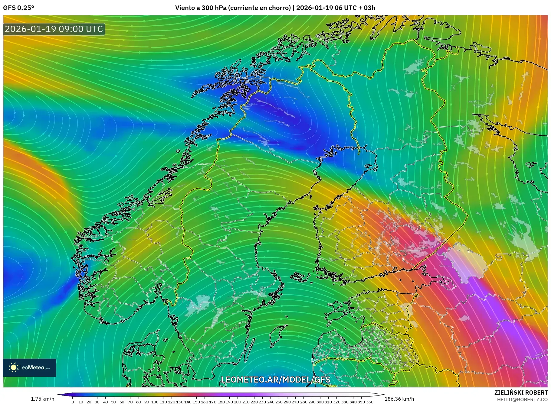 GFS model - Escandinavia, Viento a 300 hPa (corriente en chorro)