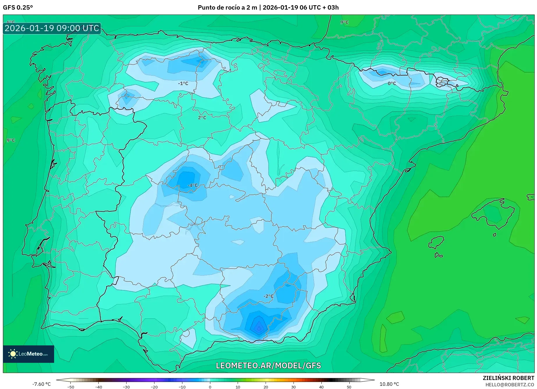 GFS model - España, Punto de rocío a 2 m
