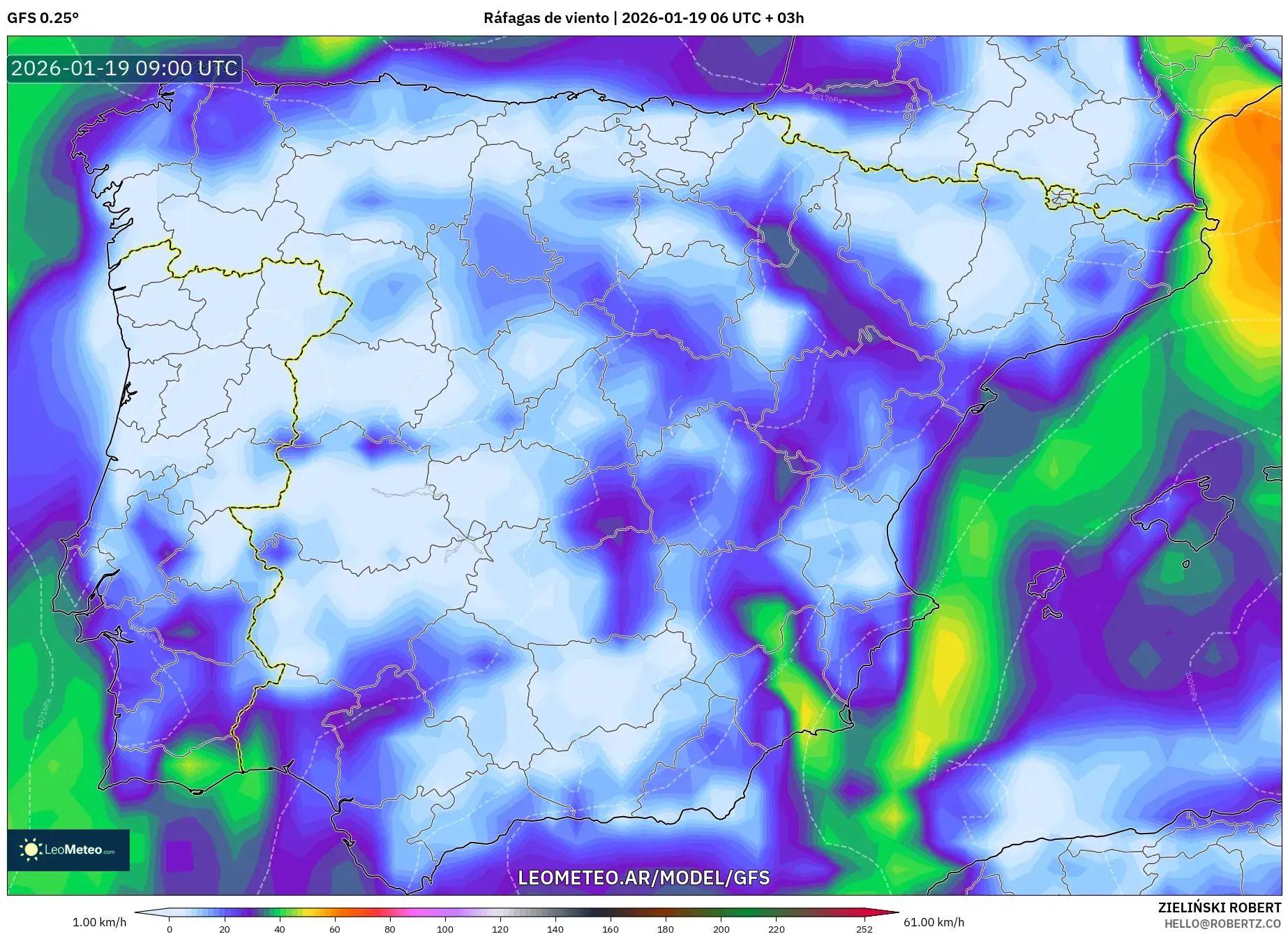 GFS model - España, Ráfagas de viento