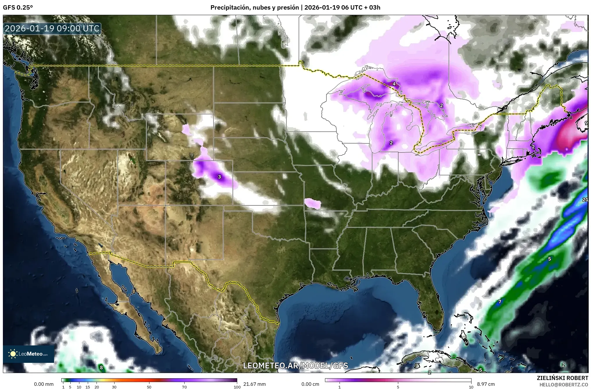 GFS model - Estados Unidos, Precipitación, nubes y presión