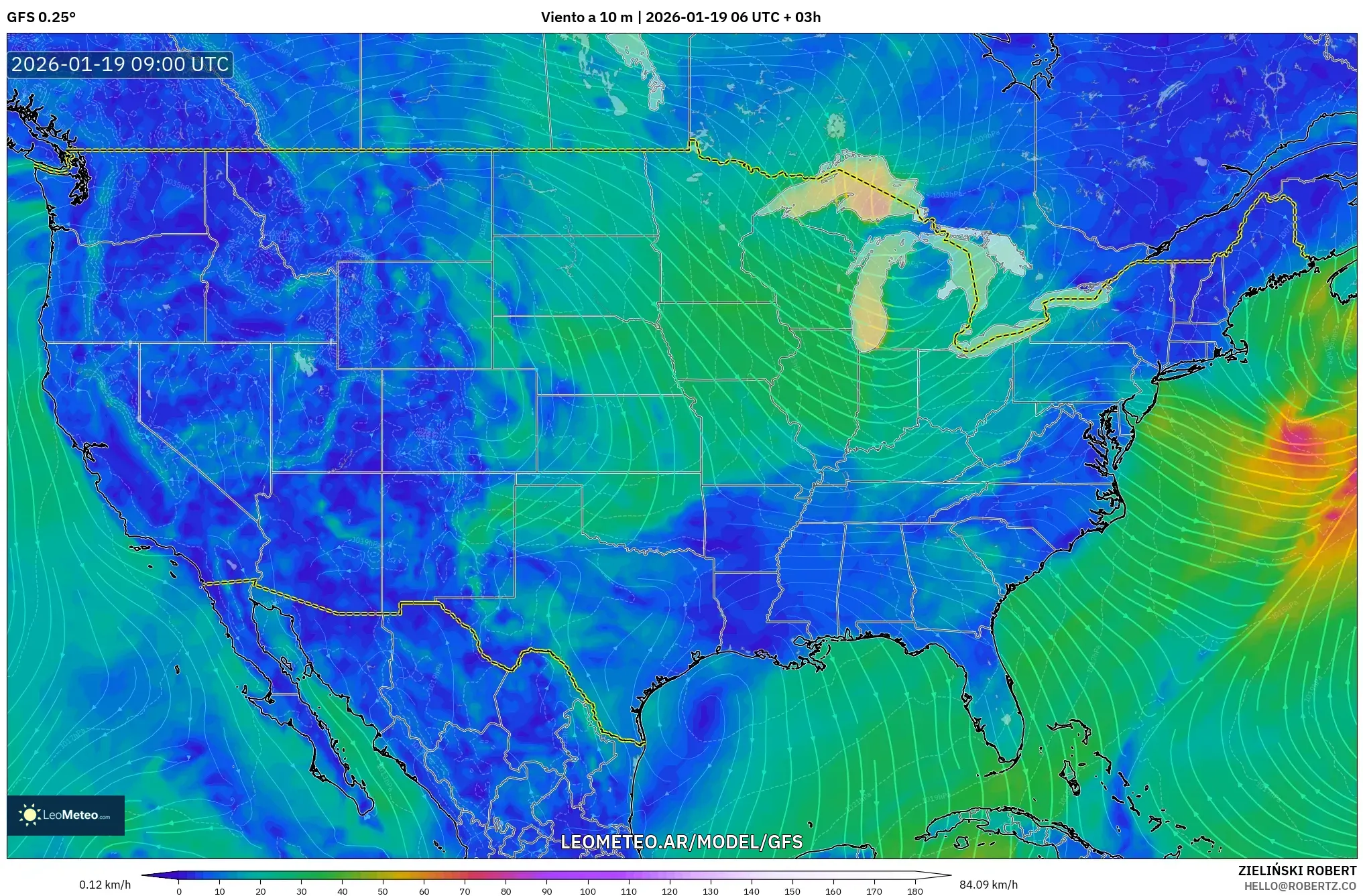 GFS model - Estados Unidos, Viento a 10 m
