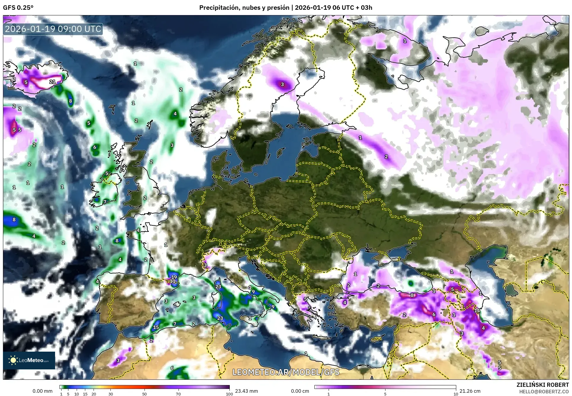 GFS model - Europa, Precipitación, nubes y presión