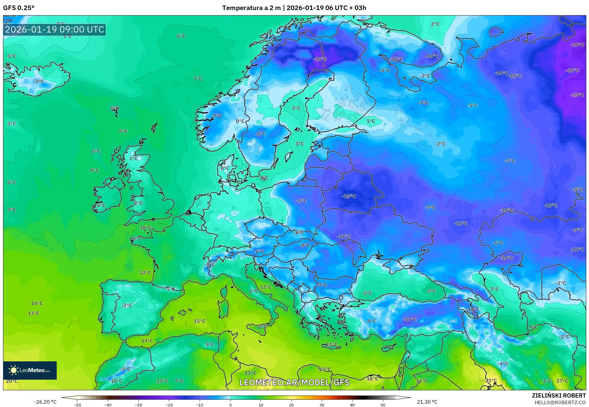 GFS model - Europa, Temperatura a 2 m