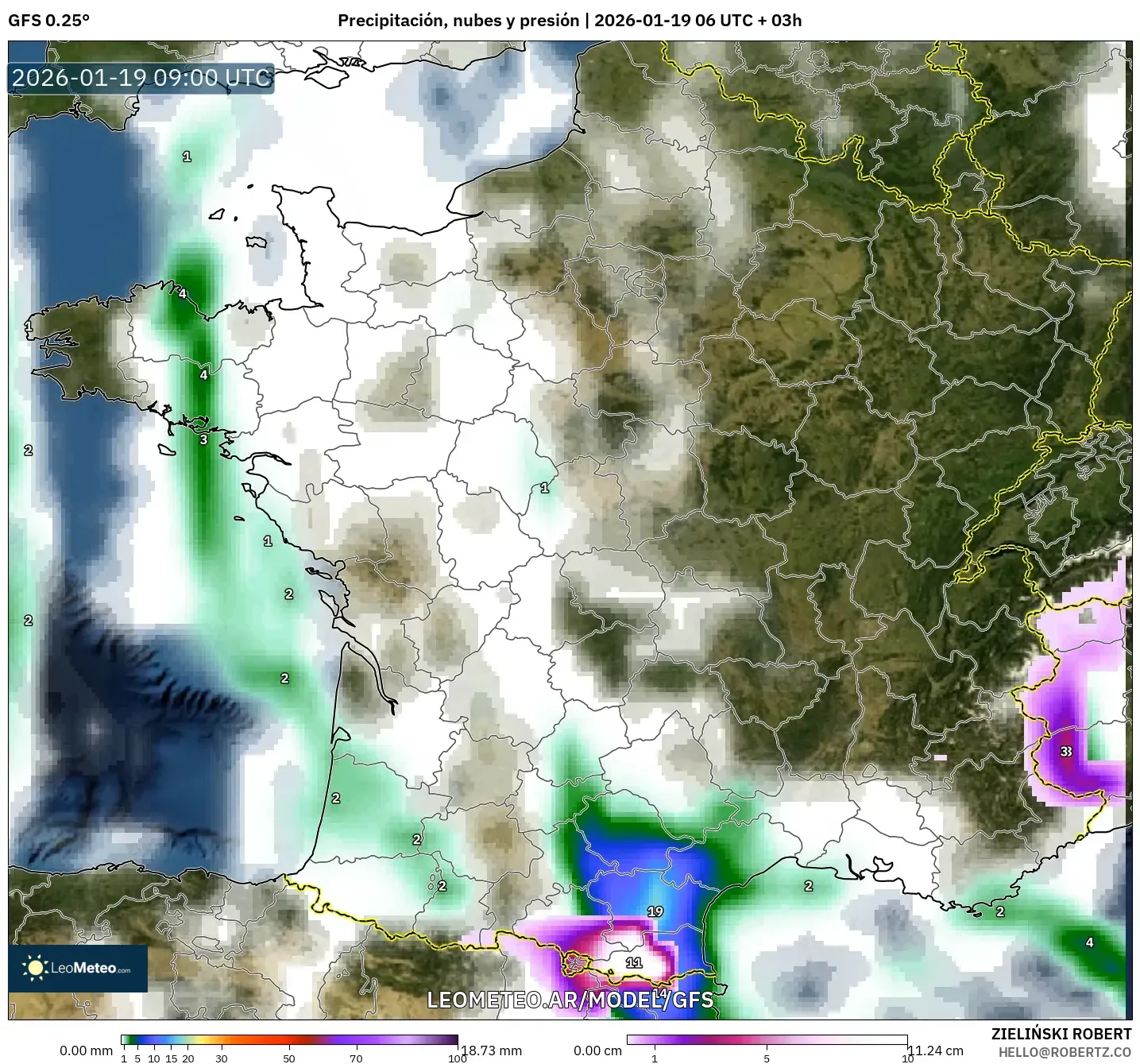GFS model - Francia, Precipitación, nubes y presión