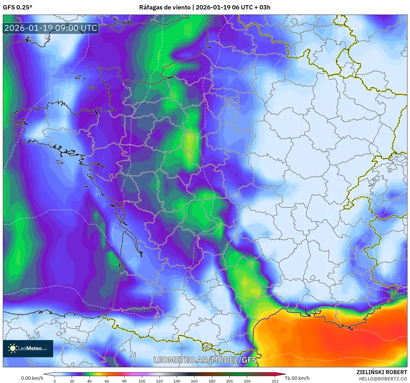 GFS model - Francia, Ráfagas de viento