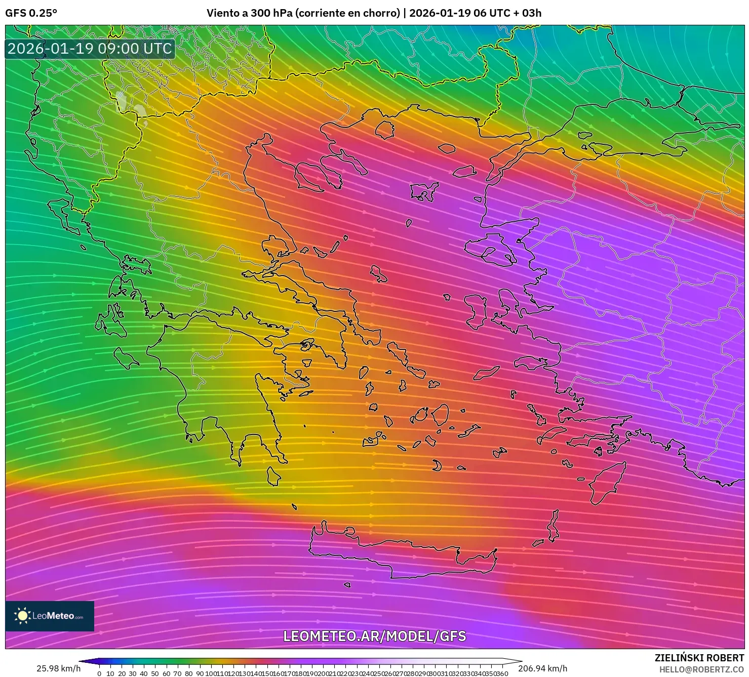 GFS model - Grecia, Viento a 300 hPa (corriente en chorro)