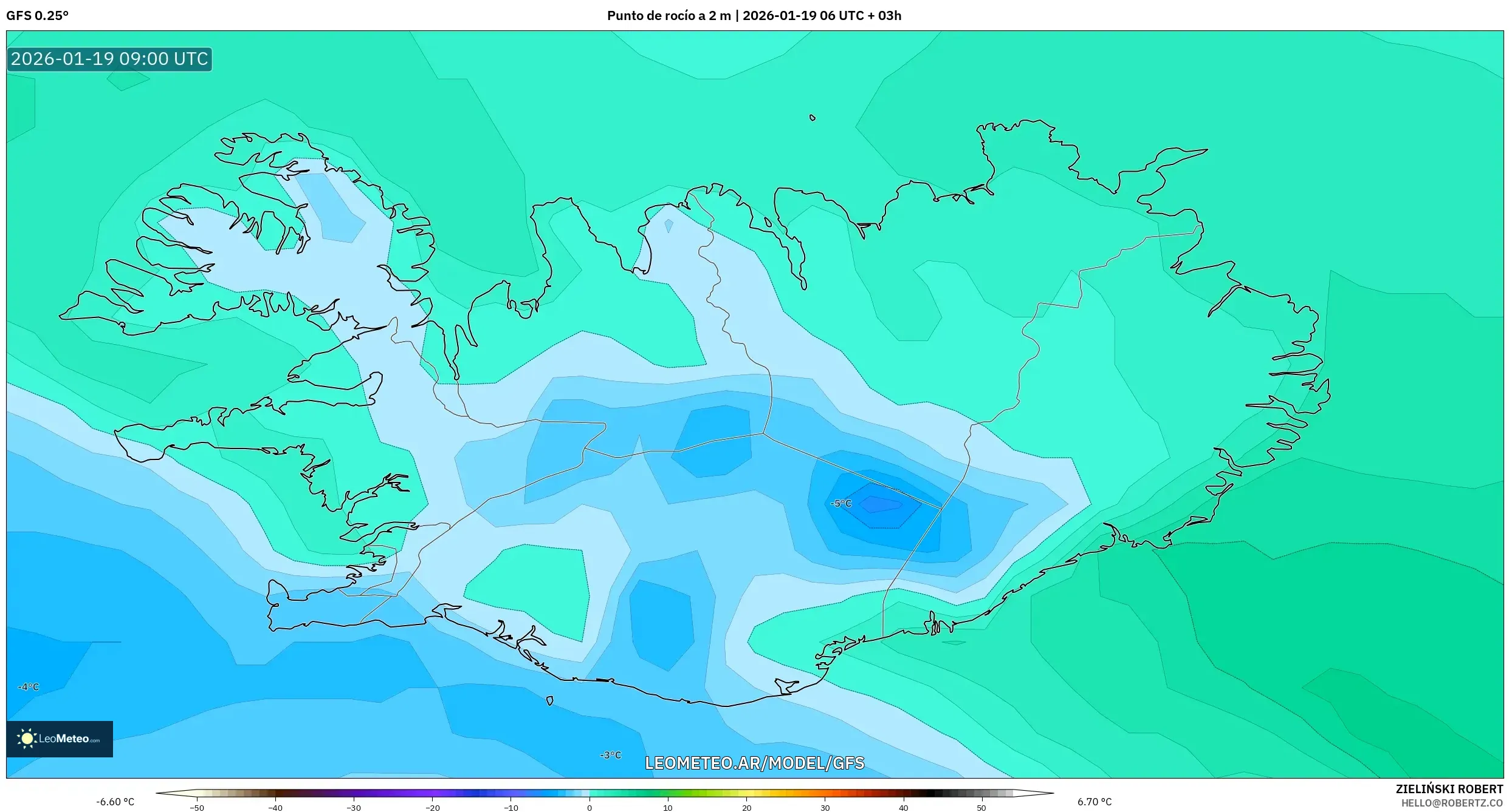 GFS model - Islandia, Punto de rocío a 2 m